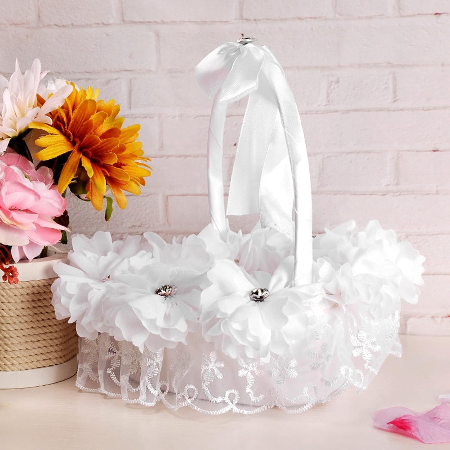 Lace White Wedding Basket Portable Romantic Flower Basket Decoration for Wedding Party Supplies Ceremony Home Anniversary,Flower Girl Baskets, Flower Girl Baskets, Lace White Wedding Basket PorW