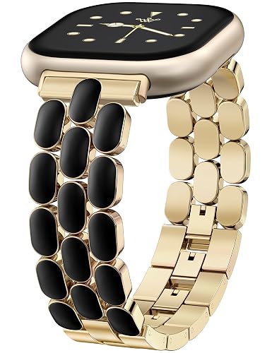 Wearlizer Resin Metal Band Compatible with Fitbit Versa 4 Bands for Women/Sense 2/Sense/Versa 3, Jewelry-Style Dressy Bracelet with No-Tool Adjustment, Elegant Lightweight Strap for Work & Daily - Gold/Black