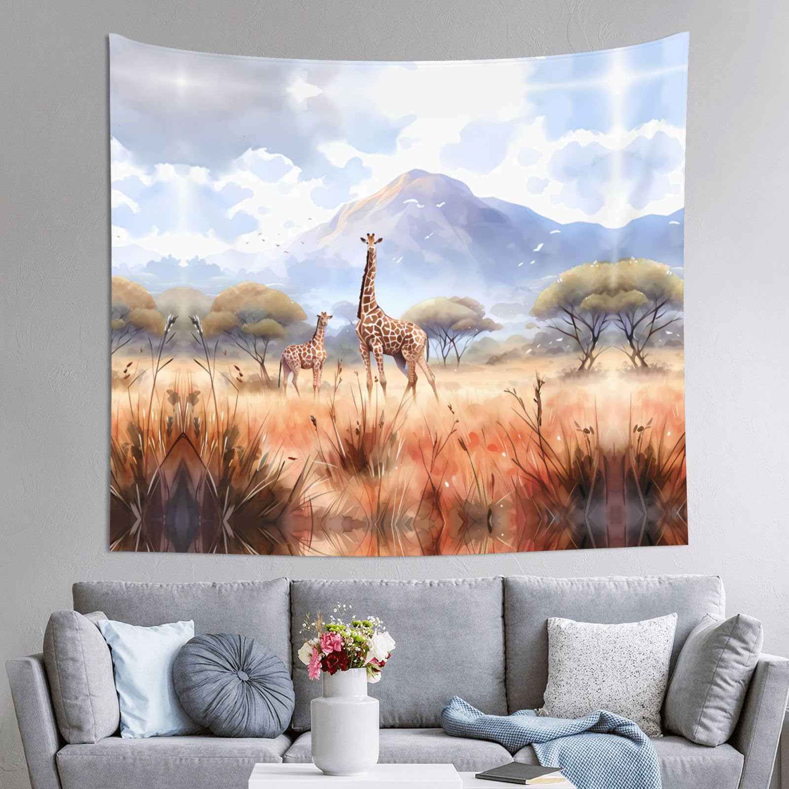 HLSBSSL 60x51in African Savanna Giraffe Printed Tapestry Tablecloth for Dormitory and Picnic Rooms - Multifunctional Fabric Hanging