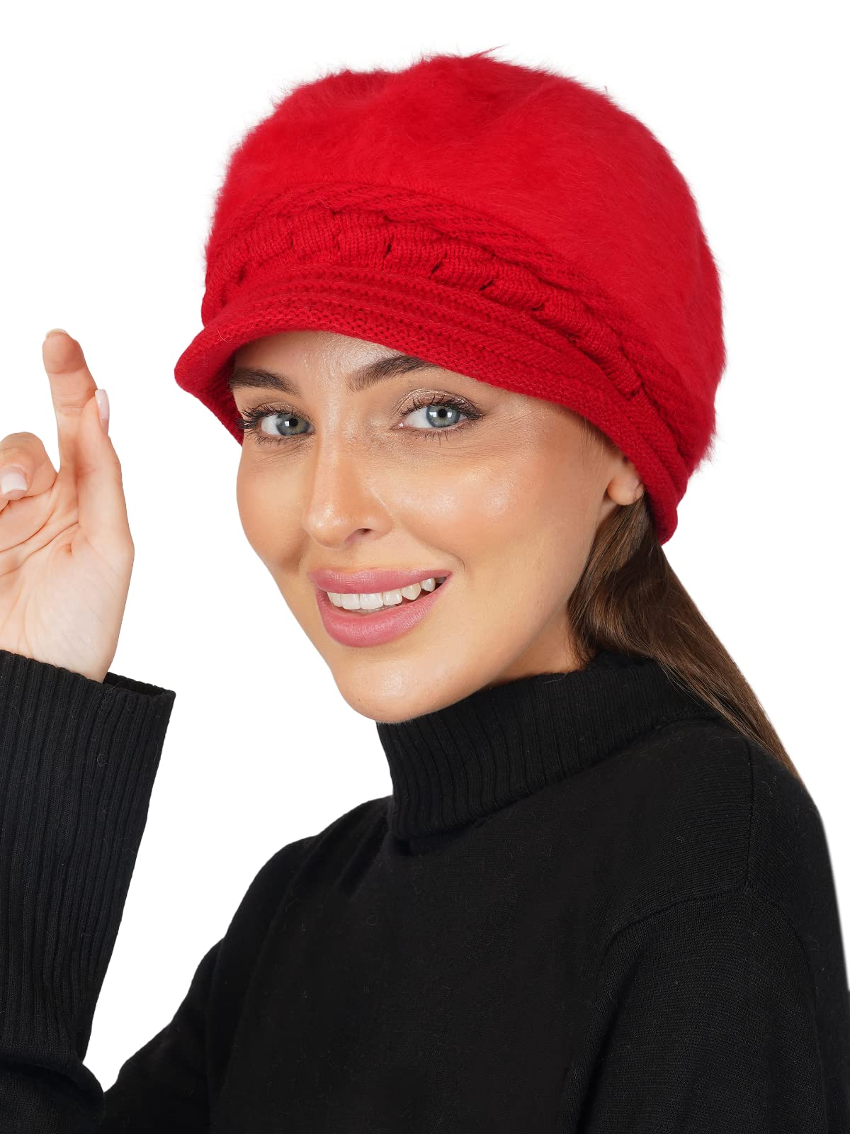 Fashionable Woolen Visor Beanie Cap for Women | Girls - Red (4022, Free Size)-image-1