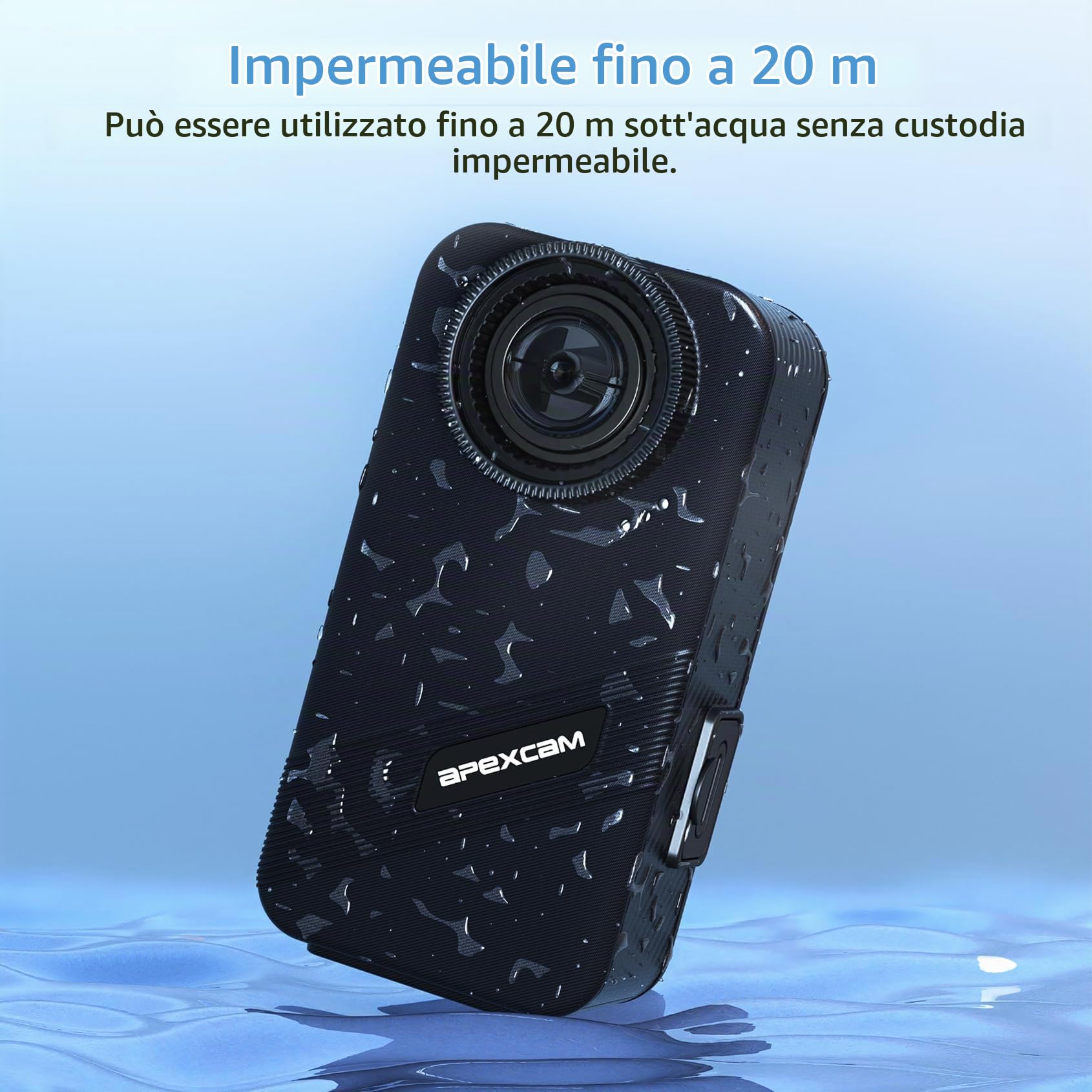 Apexcam K20 Touchscreen Action Cam 4K60FPS 48MP Ultra HD WiFi 8X Zoom EIS Fotocamera sportiva subacquea 20m impermeabile con 64GB Card 2.4G Telecomando 2x1350mAh Batterie