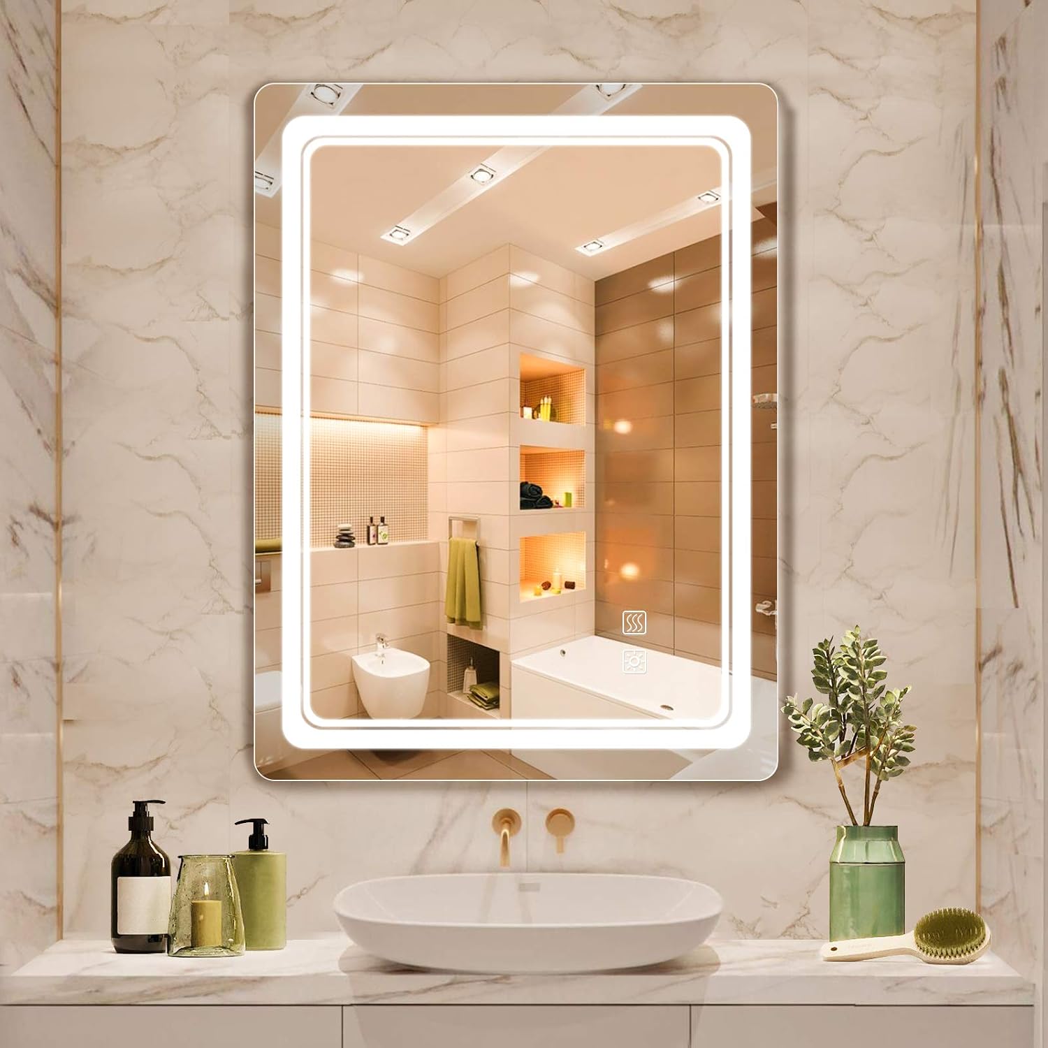 Dutsekk 32x24 Inch LED Bathroom Mirror Anti-Fog Dimmable IP44 Waterproof, Bathroom Vanity Mirror with Lights Wall Mounted, Touch Switch Control, 3 Color Temperature for Makeup(Horizontal/Vertiacl)