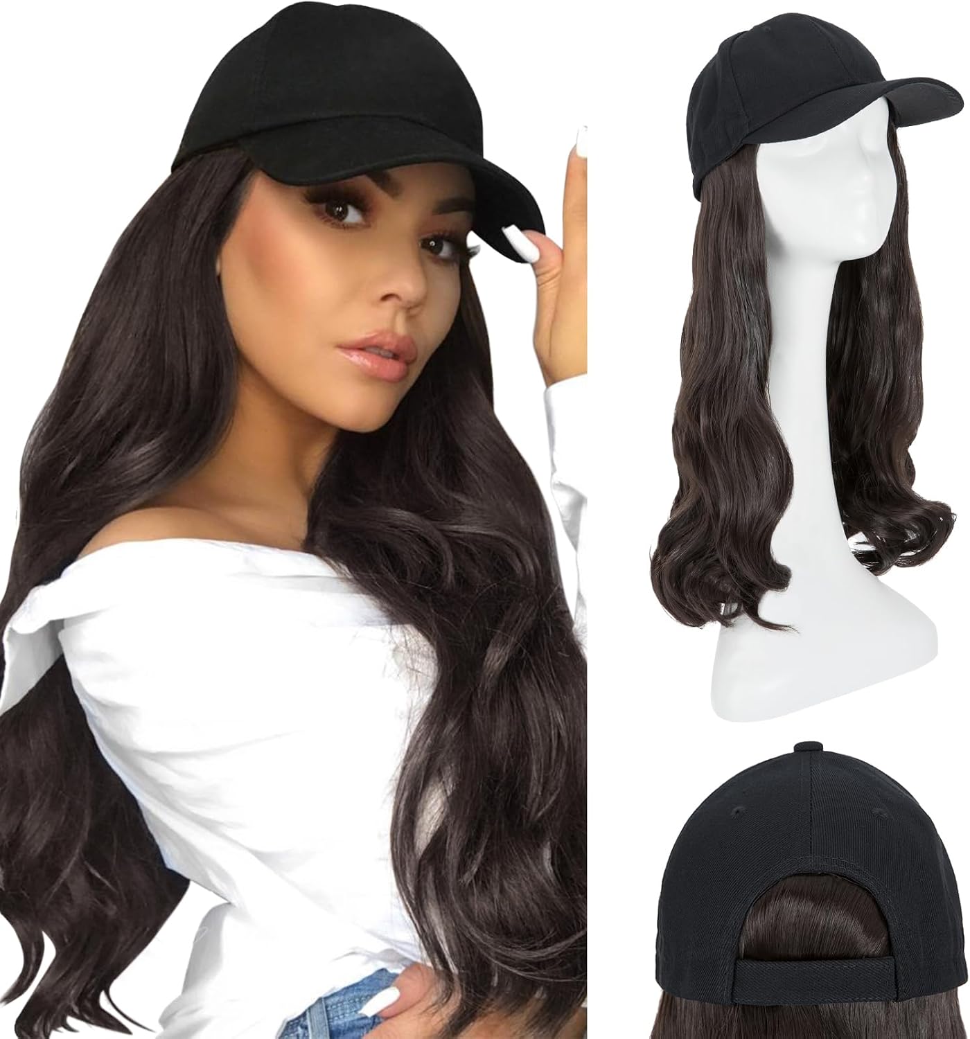 Hairro Baseball Cap with Hair Extensions Baseball Hat with Hair Attached Synthetic Hair Wig Cap Long Wavy Adjustable Wavy Hat Hairpiece Natural Cap Wig For Women 290g #4A dark brown