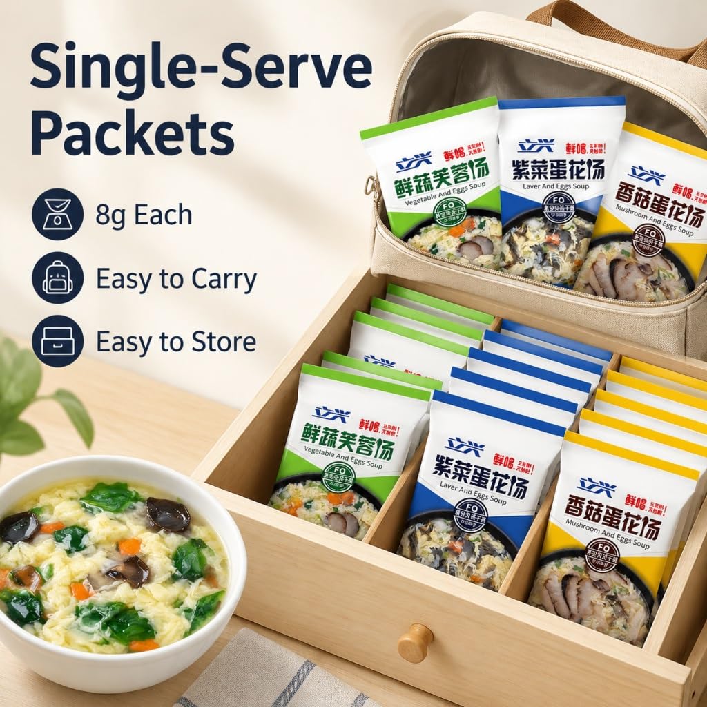 Paquete De 30 Mezclas Sopa Instantánea: Huevo Verduras, Algas Y Champiñones, Liofilizado, Fácil Preparación, 3 Sabores