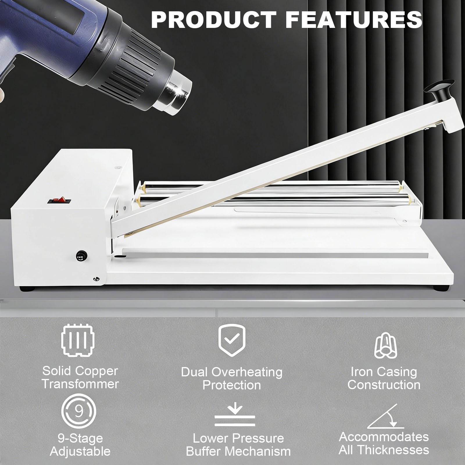 Machine d'emballage rétractable avec pistolet thermique, scellant 530 W, pistolet thermique 2000 W, 9 niveaux de température, protection contre la surchauffe, convient pour les films PVC et POF, sacs