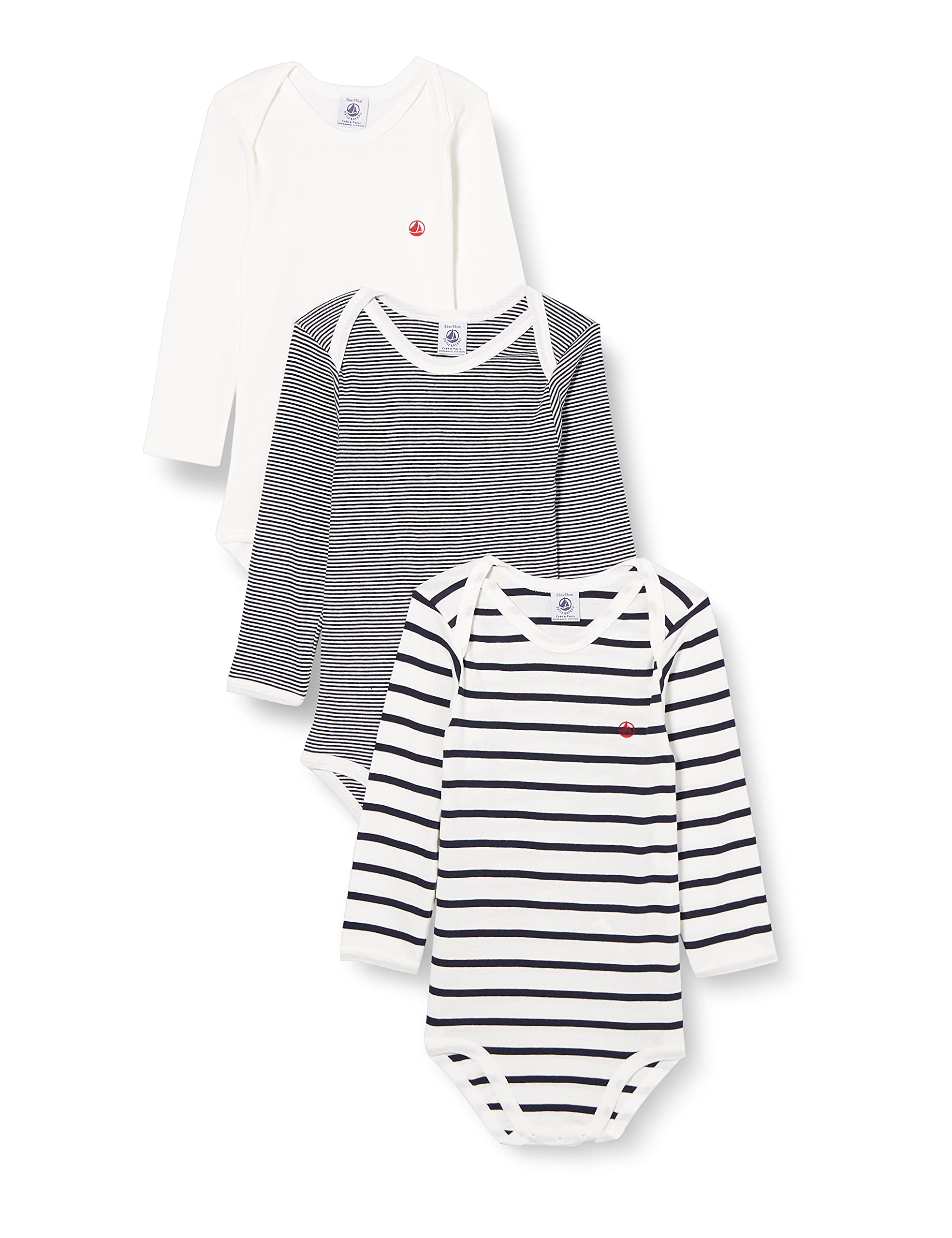 Petit Bateau Babies' Long-Sleeved Stripy Cotton Bodysuits - 3-Pack STYLE A01TB SIZES 3-36 MONTHS (SIZE 18 MONTH STYLE A01TB)