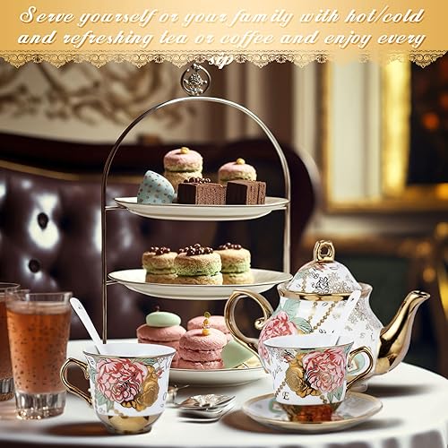 Vista 5 de Zhehao 20 Pcs Porcelain Tea Set with Metal Holder and Spoon Adult Ceramic Tea Set European Flower Painting Teapot Cup Saucer Spoon for Women, Large