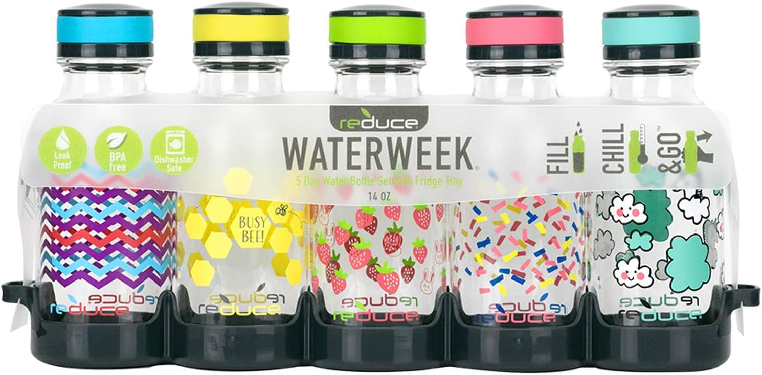 REDUCE WaterWeek Refillable Water Bottles, 14 oz - Includes 5 WaterWeek Leak Proof Tritan Reusable Water Bottles - Includes Fridge Tray - Berry Fun - Image 2