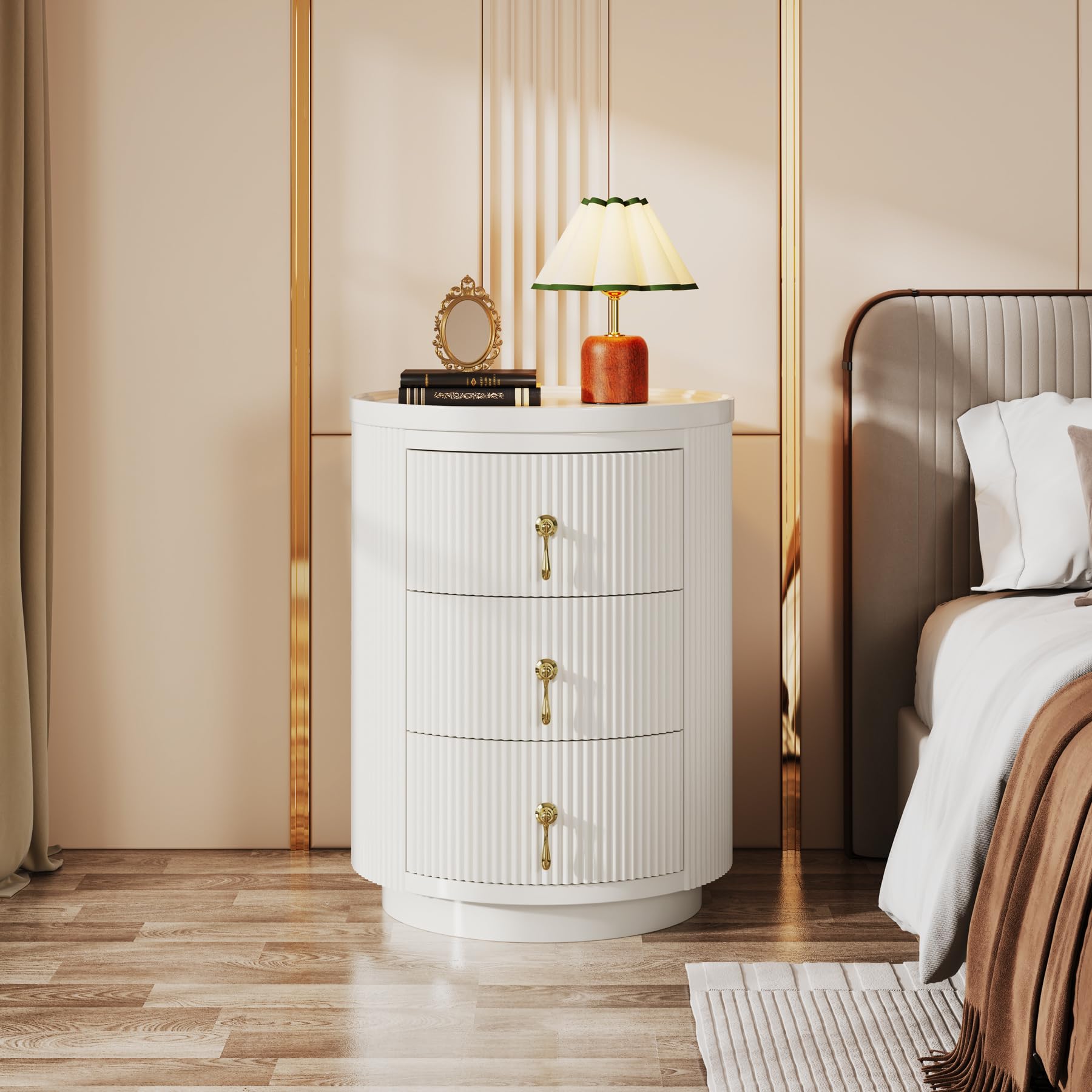 Tribesigns 3 Drawers Nightstand, Small Round End Side Table with Storage | No Assembly Required, 15.94"D x 15.94"W, For Bedroom, Gold Handles, White