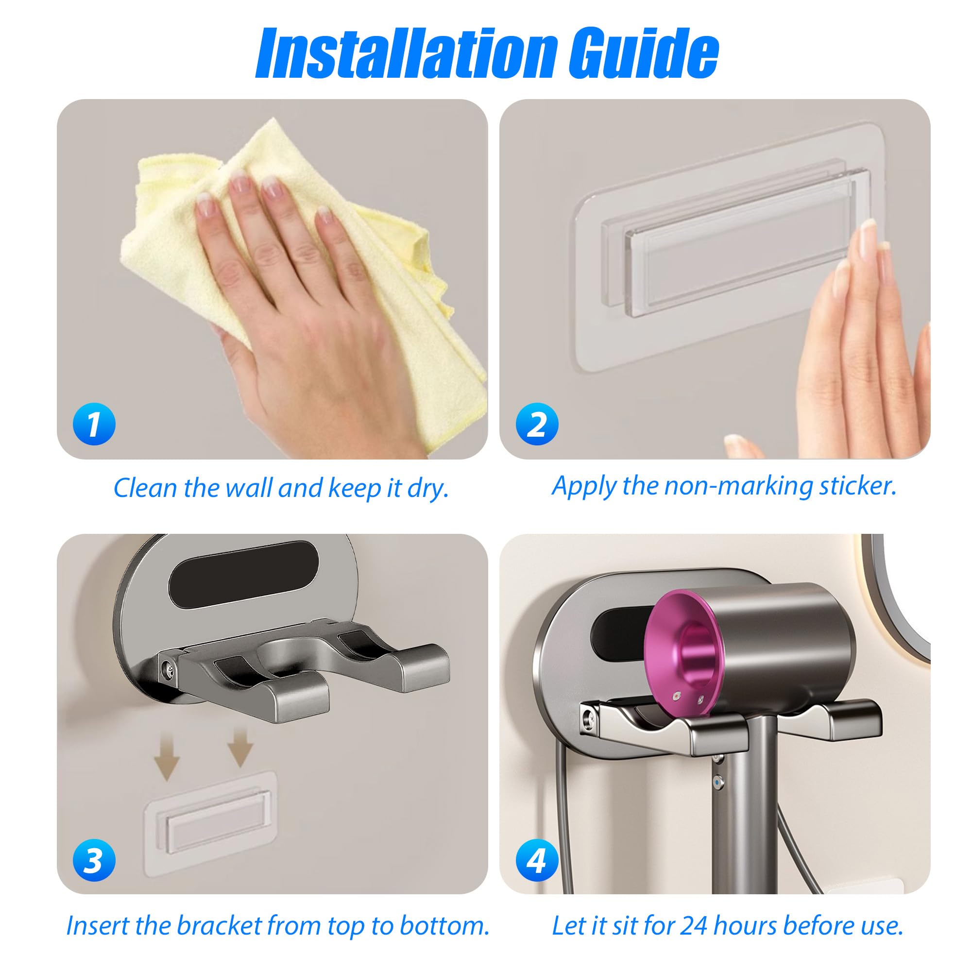 Soporte Secador de Pelo de Aluminio Veki, Porta Secador Sin Taladrar, Montaje en Pared, Colgador para Baño (Gris)