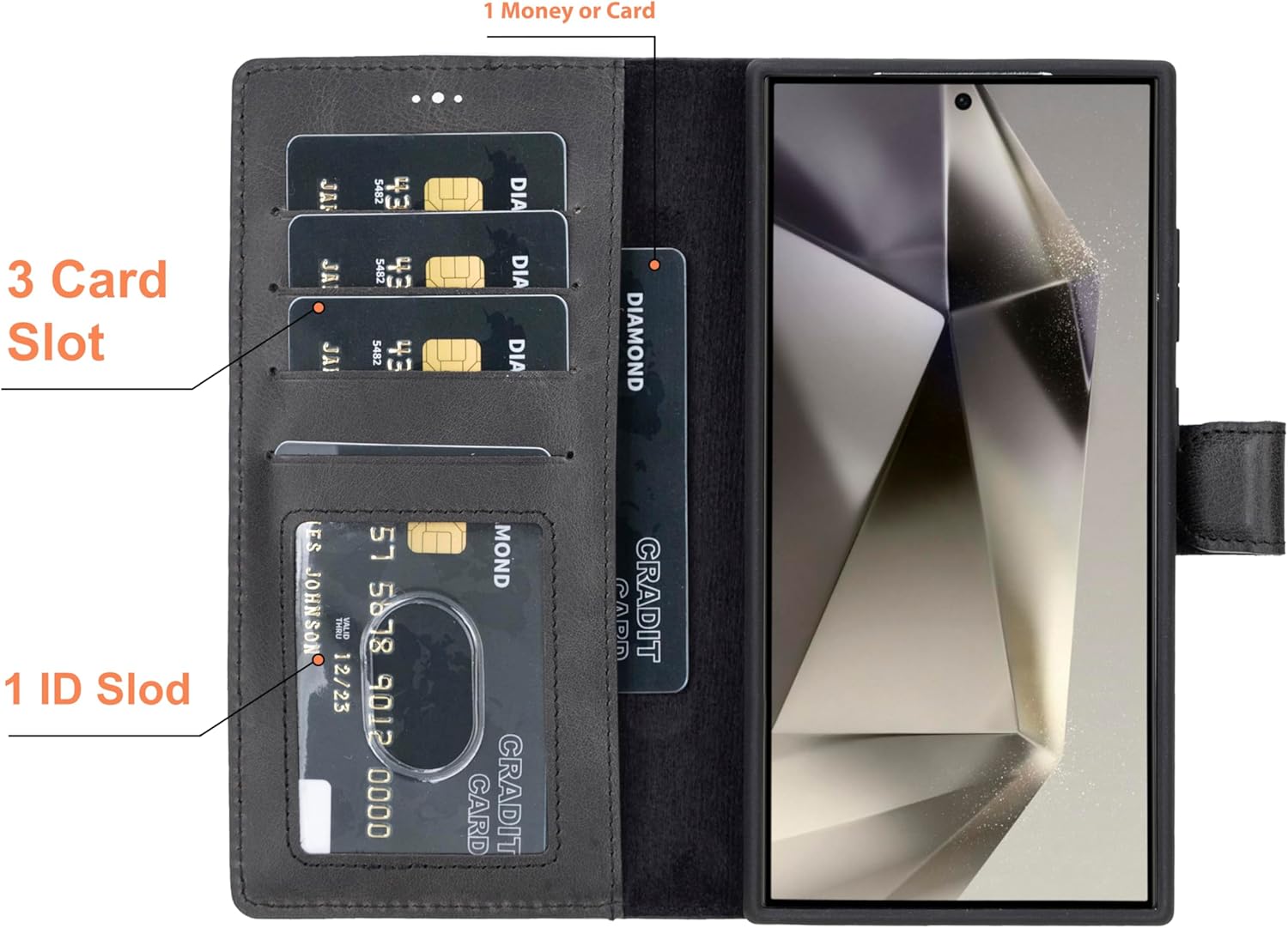HARDISTON Wallet Case Compatible with Samsung Galaxy S25 Ultra, Handmade Genuine Leather, Detachable Magnetic Flip Cover with Card Holders, Horizontal Kickstand (Black)