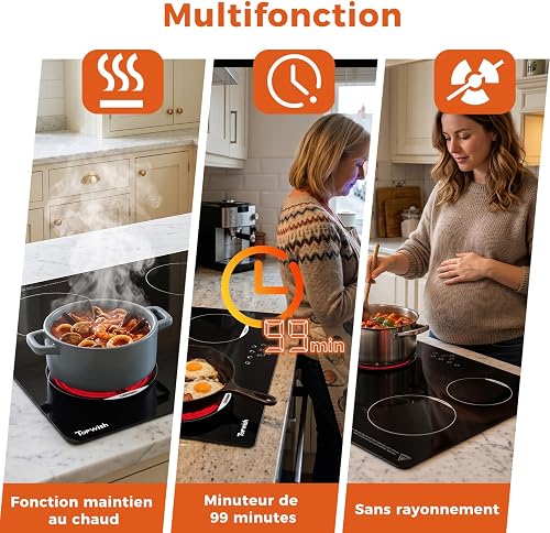 Topwish Plaque vitrocéramique 4 feux, Tables de cuisson 60cm, 6000W | Plaque de cuisson vitrocéramique 4 feux, avec verrou de sécurité, voyant de surface chaude, timer - 5