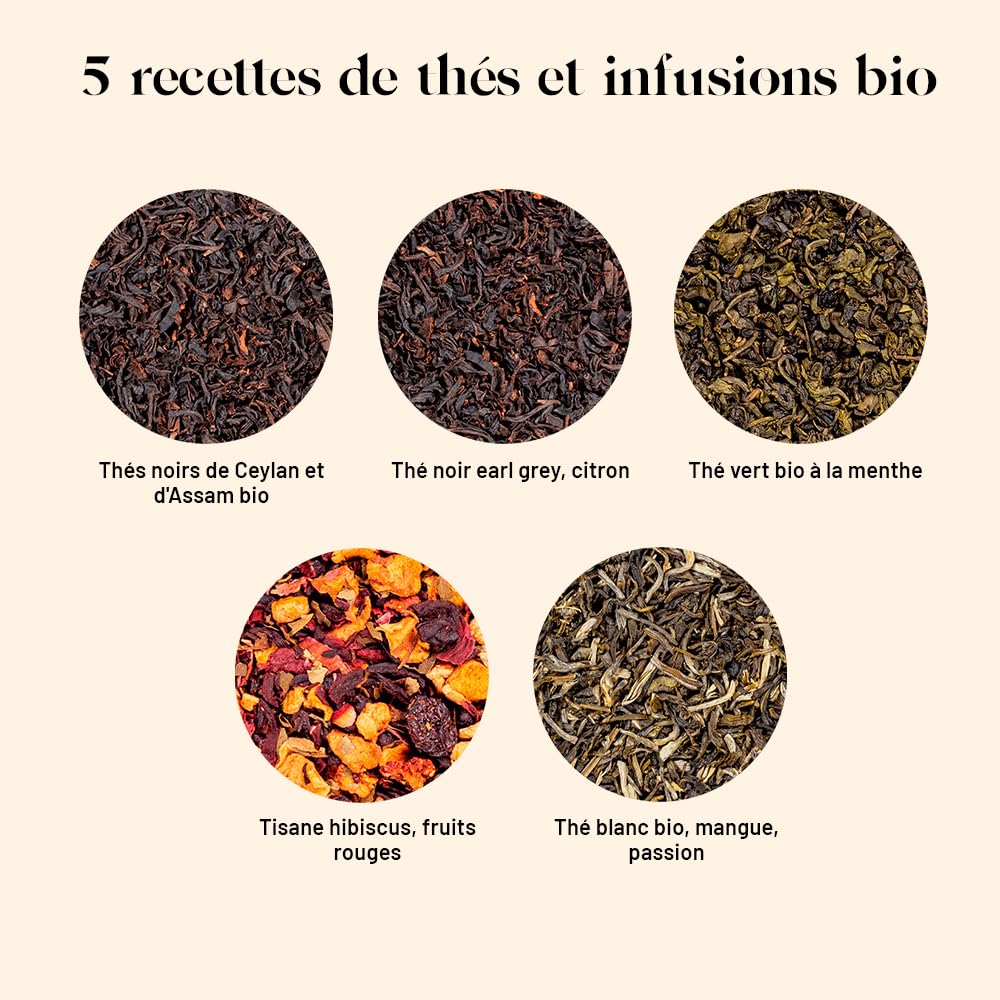 Kusmi Tea - Coffret "Les Essentiels" + Pince à Thé - Assortiment de Thés Bio - Idée Cadeau Homme et Femme - Thés Noirs, Thés Verts et Infusions - Fabriqué en France - 5 Boîtes de 25g