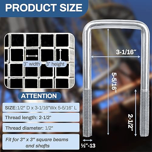Miniatura 2 de 4 juegos de pernos en U cuadrados de acero inoxidable 304, pernos en U de 3 pulgadas de ancho, 1/2 pulgadas de profundidad x 3-1/16 pulgadas