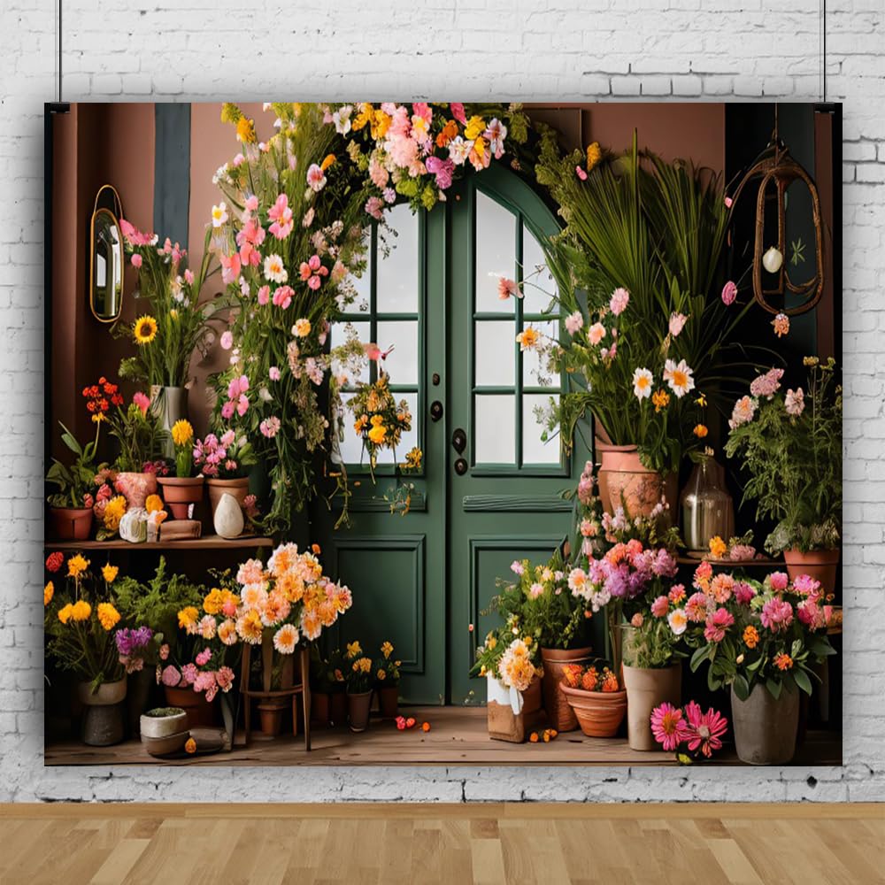 Photo 1 of 10x8ft Spring Flower Backdrop for Photography Indoor Blooming Flower Arch Wooden Door Floral Photo Background Video Photo Shoot Wedding Portrait Background Studio Photo Booth Props