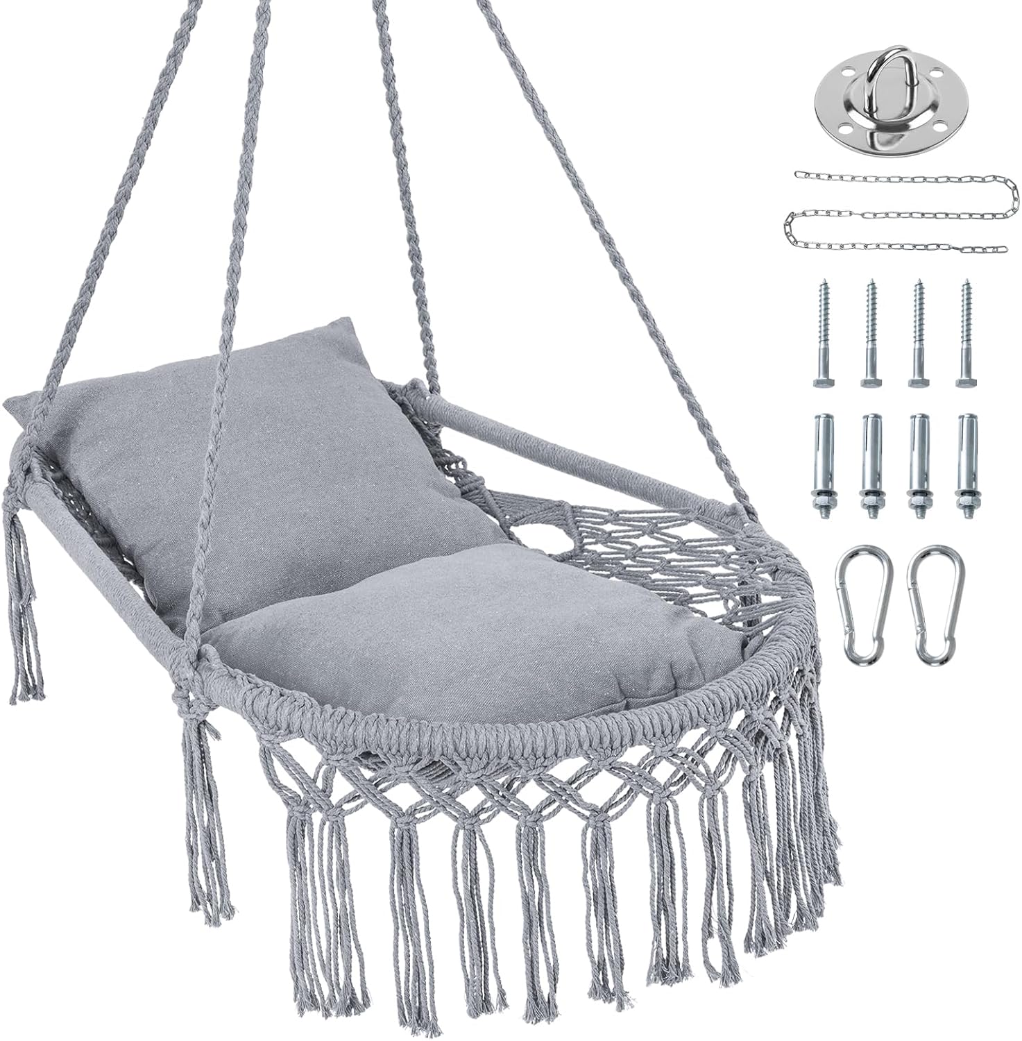 Happygrill Macrame Swing Chair, Hammock Chair w/2 Removable Cushions, Polyester Cotton Ropes, Sturdy Metal Rings, Indoor Outdoor Boho Hanging Chair for Patio Bedroom Balcony Living Room (Grey)