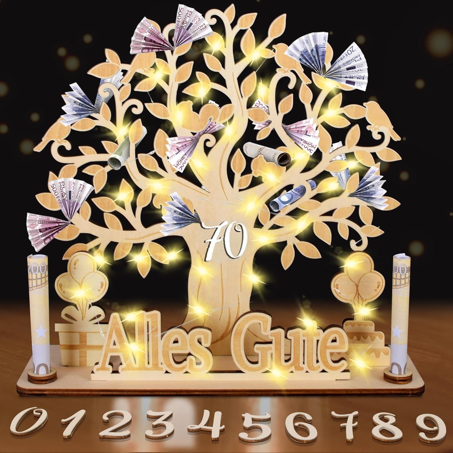 kiimiipa LED Geldgeschenke Geburtstag,Jugendweihe Geschenke Mädchen Junge,Personalisierte Geldgeschenke Geburtstag Lebensbaum Holz,Geldgeschenk Jugendweihe Deko,WunscherfüLler Geldgeschenk (70)