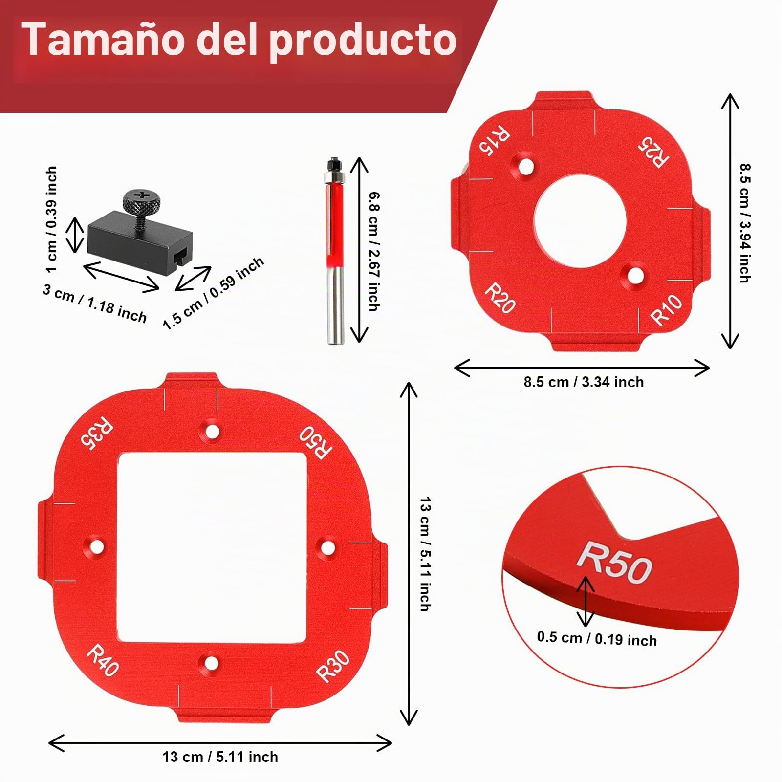 2 Piezas Plantillas de Radio de Esquina R10-R50 para Router, 4 en 1 Router Radio Plantilla Rápida, Router Plantilla Router con Cortador de Ranura para Carpintería DIY