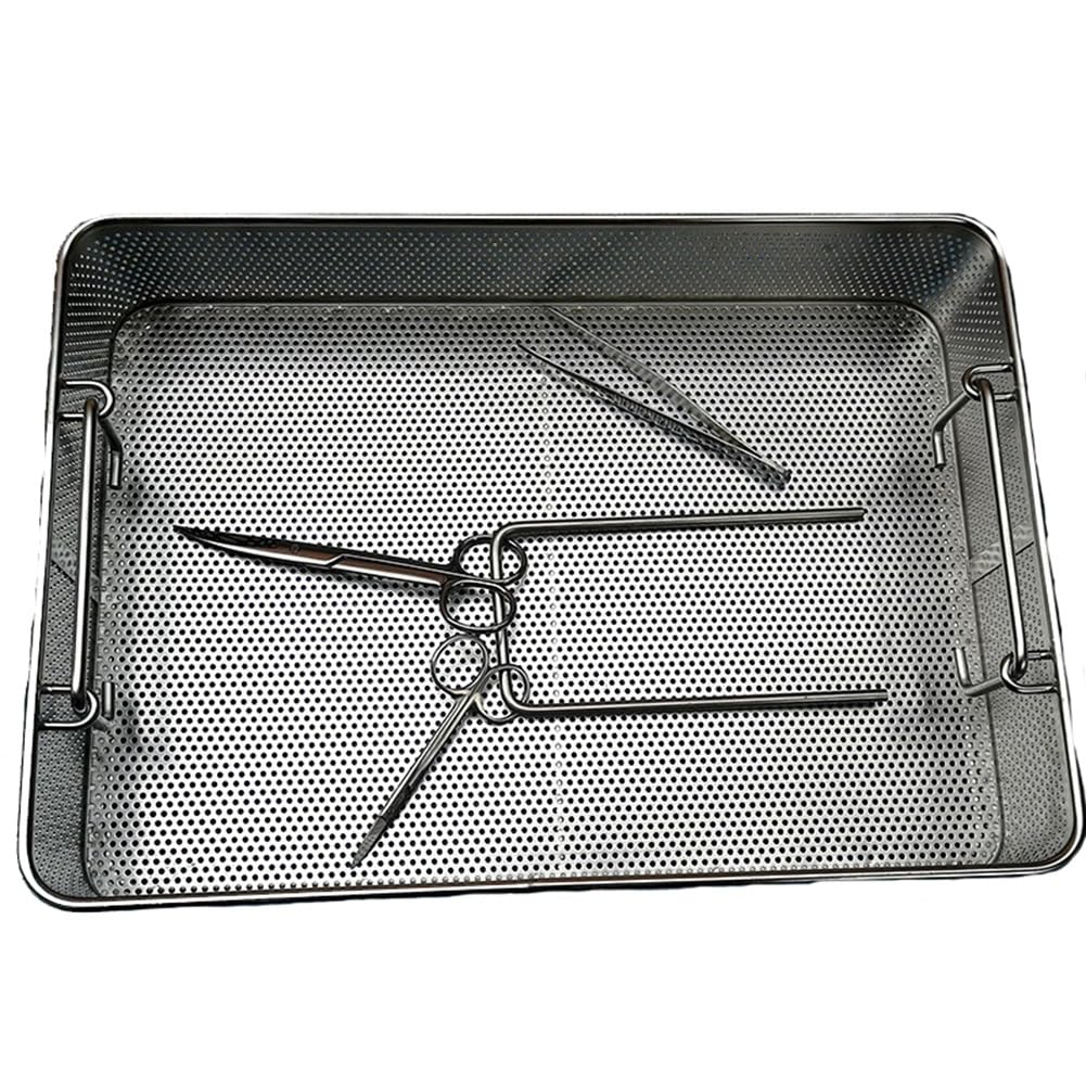 Cestini per sterilizzazione, vassoi perforati in acciaio inossidabile 304, rete da 2 mm per uso medico ospedaliero, ideali per sterilizzazione di strumenti (40 x 30 x 7 cm)