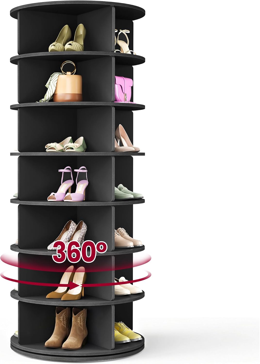 VASAGLE 7-Tier Rotating Shoe Rack Tower, Free Standing 360 Degree Spinning Shoe Organizer, Lazy Susan Bag Display Storage Rack, for Corners, Closets, Small Spaces, Black ULBS047BZ01
