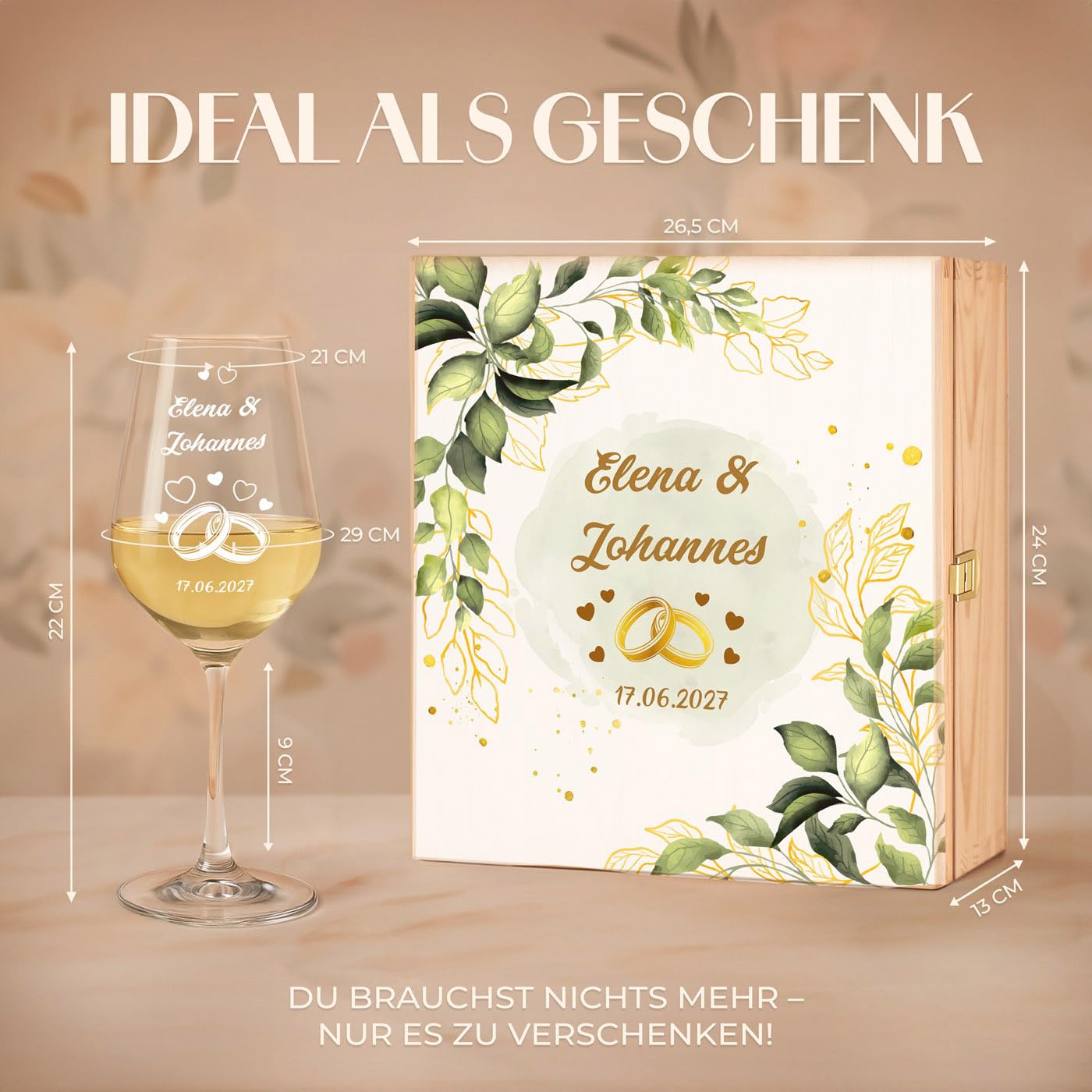 Maverton 2er Weingläser Set mit Gravur in Holzkiste - 490 ml Wein Gläser Set mit Namen und Datum - Hochzeitsgeschenk - personalisierte Geschenke für Paar zur Hochzeit zum Hochzeitstag