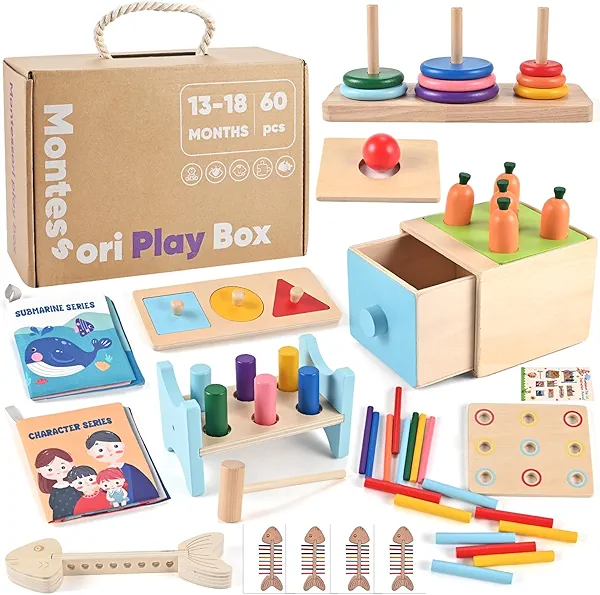 Wooderma Wooden Montessori Toys for 1+ Year Old, 9 in 1 Learning Educational Toys, Wooden Toy with 3 in 1 Educational Box, Pound Bench, Shape Puzzle, Cloth Books, Fishbone Matching, Ring Stacker Toy