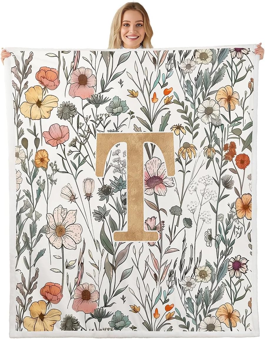 jejeloiu Gold Initial T Sherpa Throw Blanket for Couch Blossoming Iris Flowers Super Soft Cozy Fleece Floral Printed Blanket for Winter, Plush Throw Throw 50"x60" All Season
