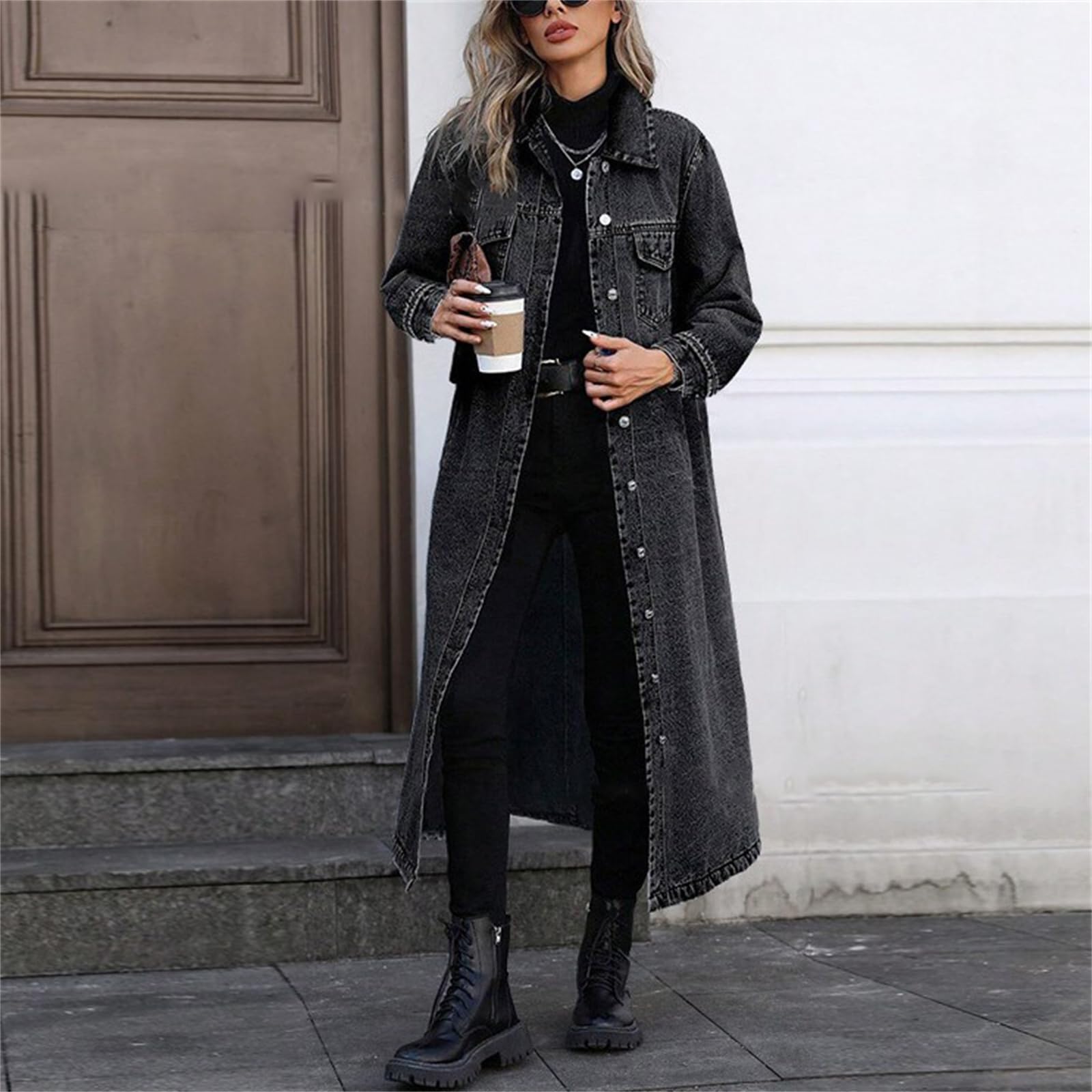 Trench Dżinsowy Długi Damski Klapa Guziki Kurtka Denim Luźna Oversize, Kolor: czarny, 5XL | Wiatroodporny dżins z praktycznymi kieszeniami bocznymi. Łatwe dopasowanie do innych ubrań. Com, idealny do pracy
