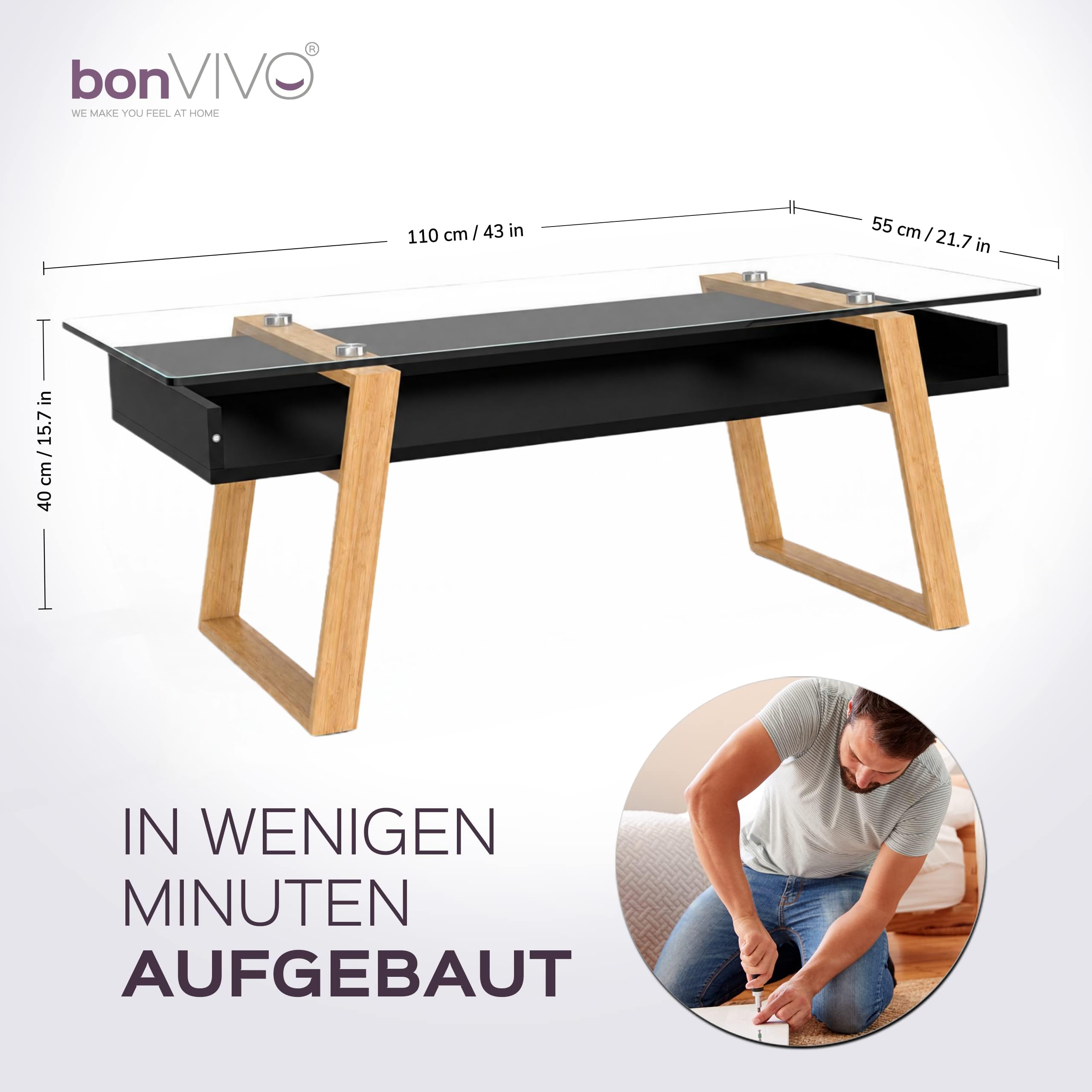 bonVIVO Couchtisch Glas Schwarz mit Bambus – Moderner Glastisch Wohnzimmer mit Ablage 110x55x40 cm – Wohnzimmertisch Schwarz Skandinavischer Couchtisch Holz Glas