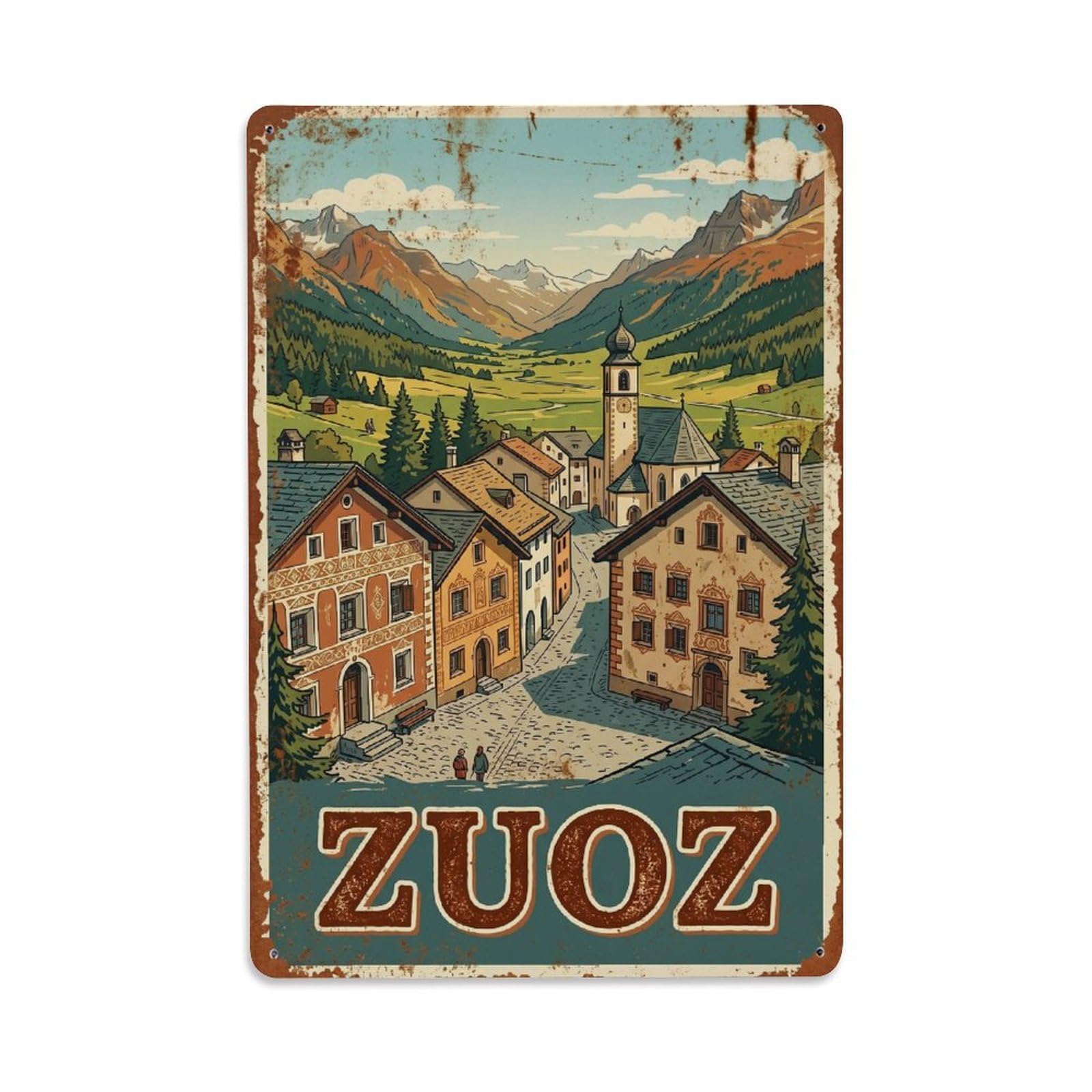 Zuoz Switzerland Cartography Vintage Travel Cityscape Metal Tin Sign Plaque Wall Decor for Cafe, Man Cave, Club Bar, Office, Home Garden Round Metal Poster 8x12Inch