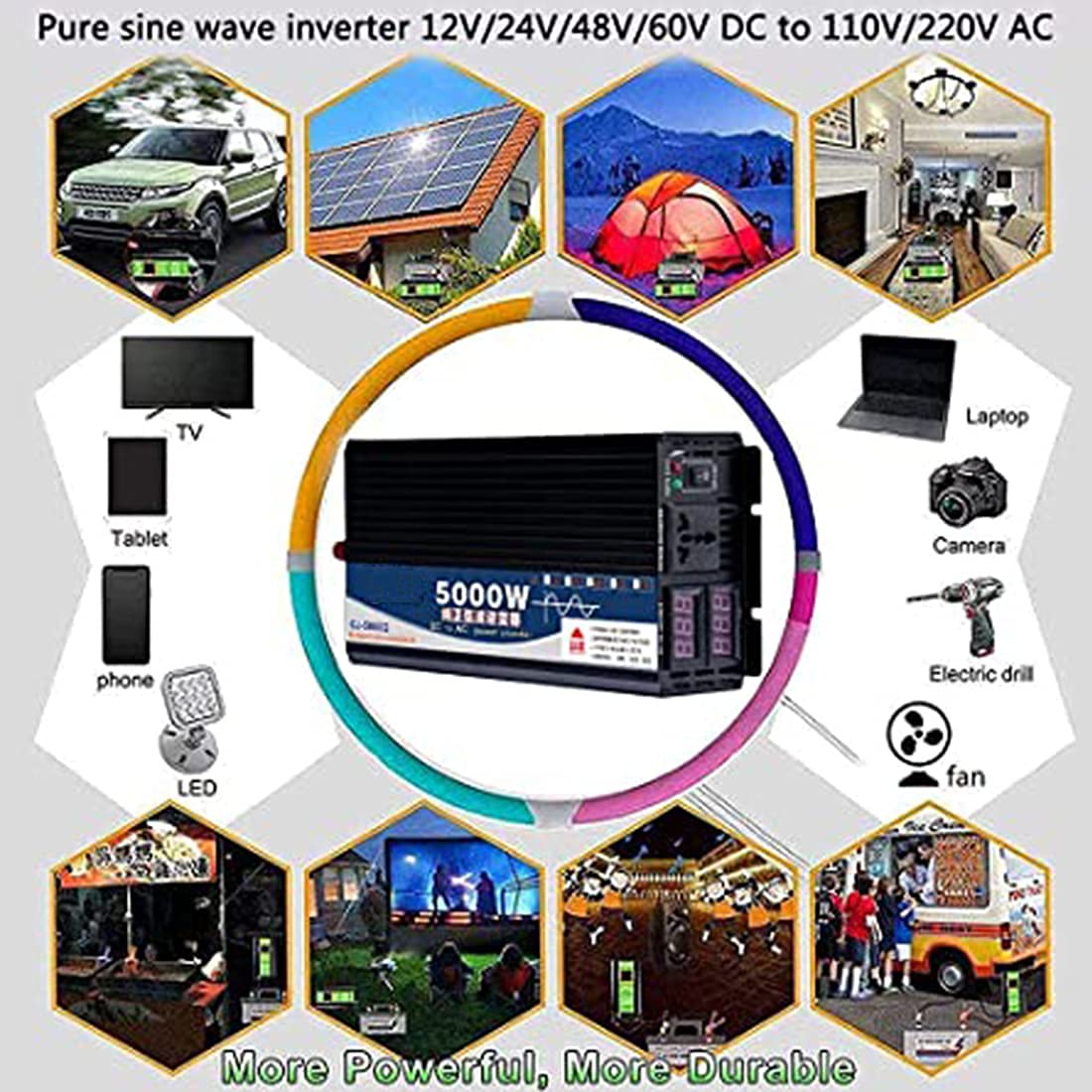 RajoNN Inversor de Corriente 3000W 4000W 5000W Inversor de Onda Sinusoidal Pura DC 12v 24v 48v 60v a AC 110v-220v con Salidas de CA y Pantalla LCD Adecuado para Acampar,5000W-12V