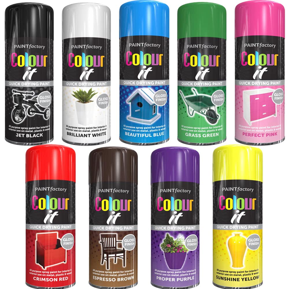 AlezyB - 9 Mix Cans Gloss Finish All Purpose spray paint 400ml Multipurpose AerosoL, Quick and Fast Drying and Excellent Coverage for Metal, Wood, Plastic and More - A13