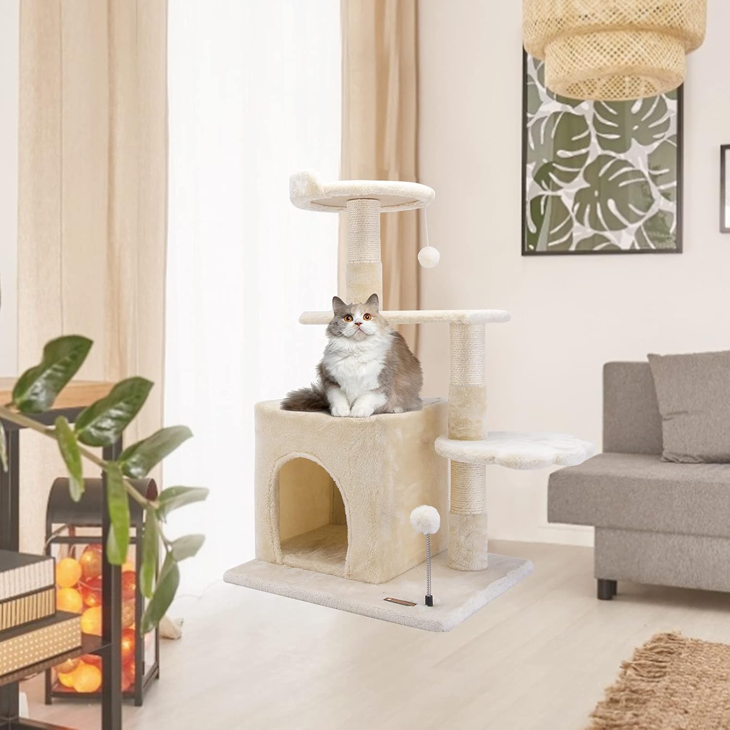 Cat Tree Cat Tower Cat Condo, HAMATE 33.5" Cat House with Sisal Scratching Post for Kitten Activity Platform Playground Furniture with Plush Hanging Ball Toy for Playing Climb Relax and Sleep (Beige)