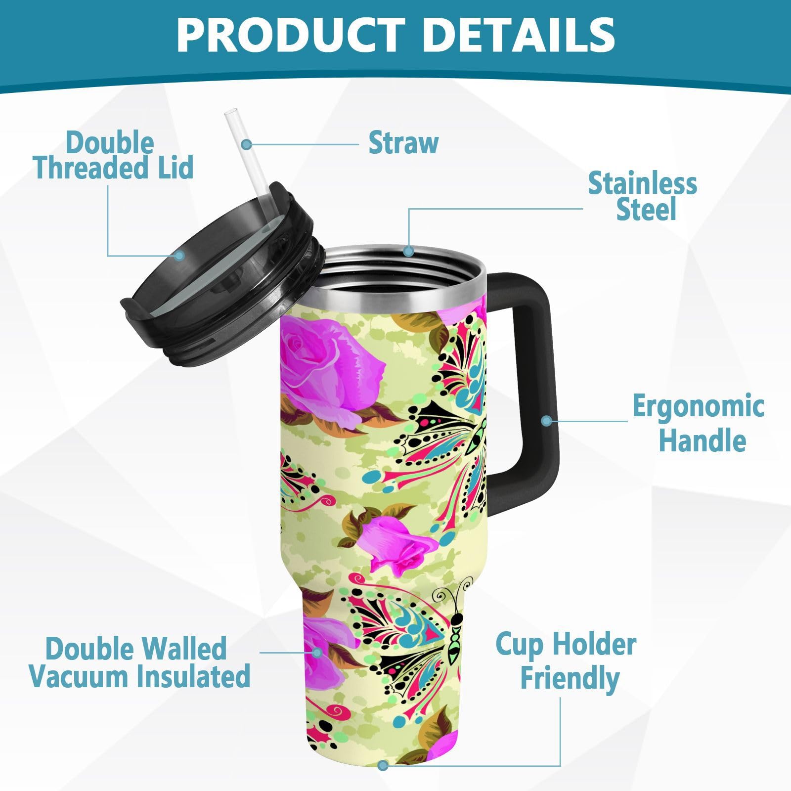 Isolierter Becher mit Blumenmotiv und Schmetterling, doppelwandig, Edelstahl, Wasserflasche, Kaffeetasse, Reisebecher mit Griff, Strohhalm-Deckel