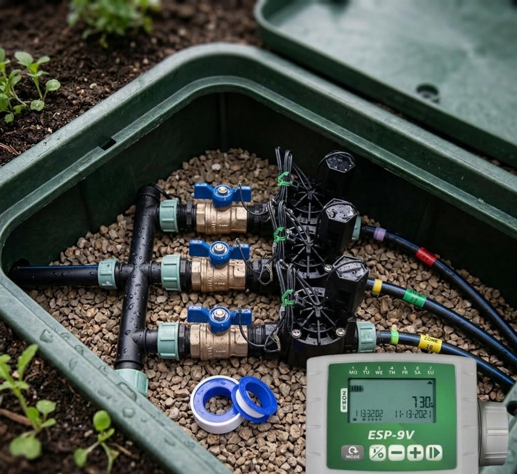Suinga Sistema de Riego Automático para Jardín de 3 Zonas | Electroválvula HV 1" 9V | Programadores a Pilas