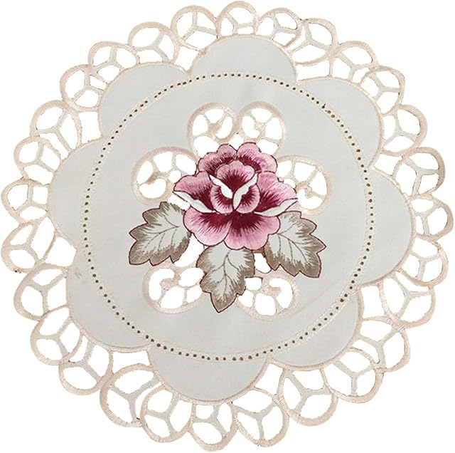 EQLEF Round Placemats, 4 Pcs of Lace Embroidered Cutwork Doilies Placemats/Vase Pads for Home Use