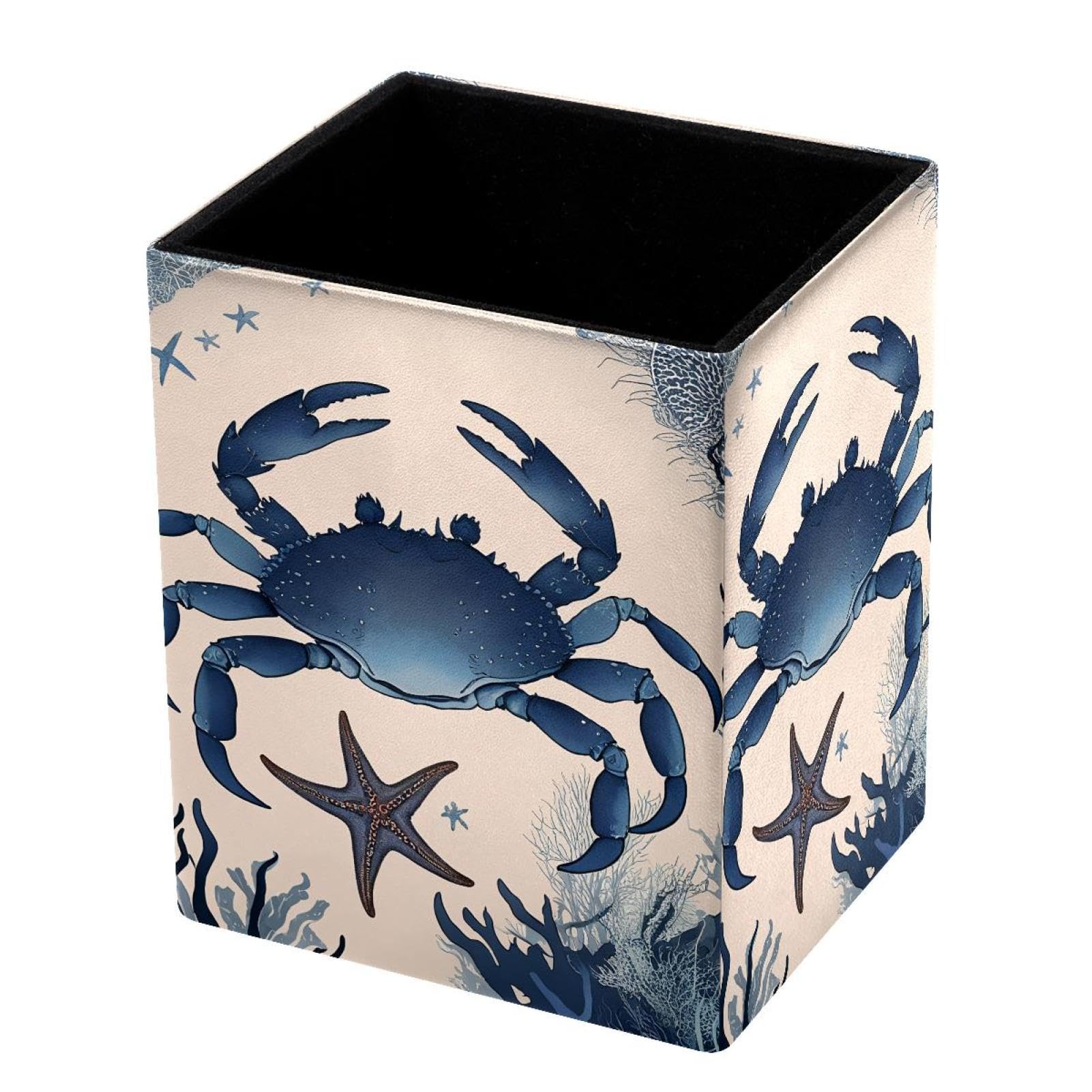 HEOEH Pen Holder for Desk, Vintage Crab Pencil Holder Pen Organizer, PU Leather Pencil Cup Makeup Brush Holder for Home School Office Supplies