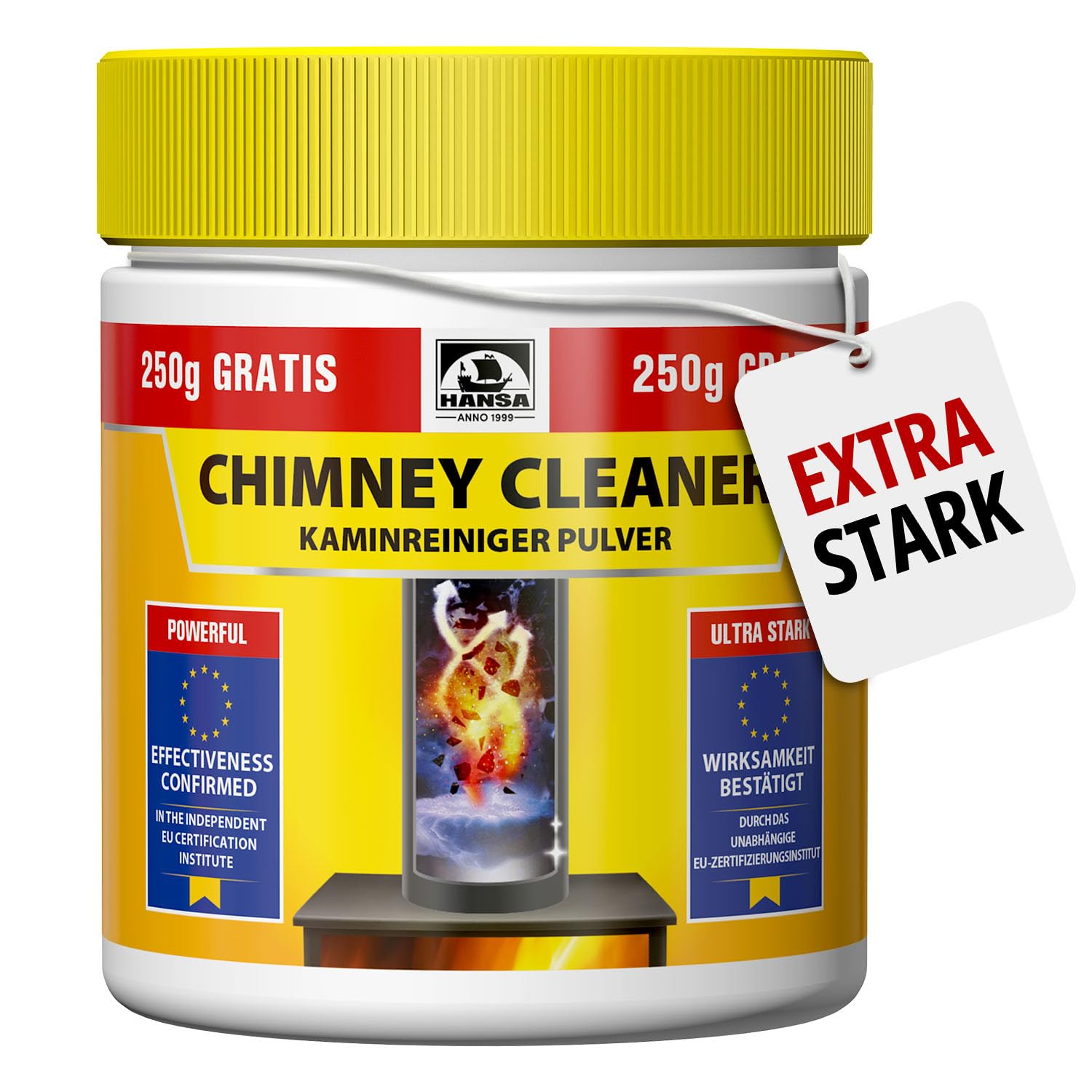HANSA Fireplace Cleaner Extra Strong Powder, 750 g Concentrated, EU Certified, Ultra Effective for Chimney, for Oven & Fireplace All Pipes Including Stainless Steel