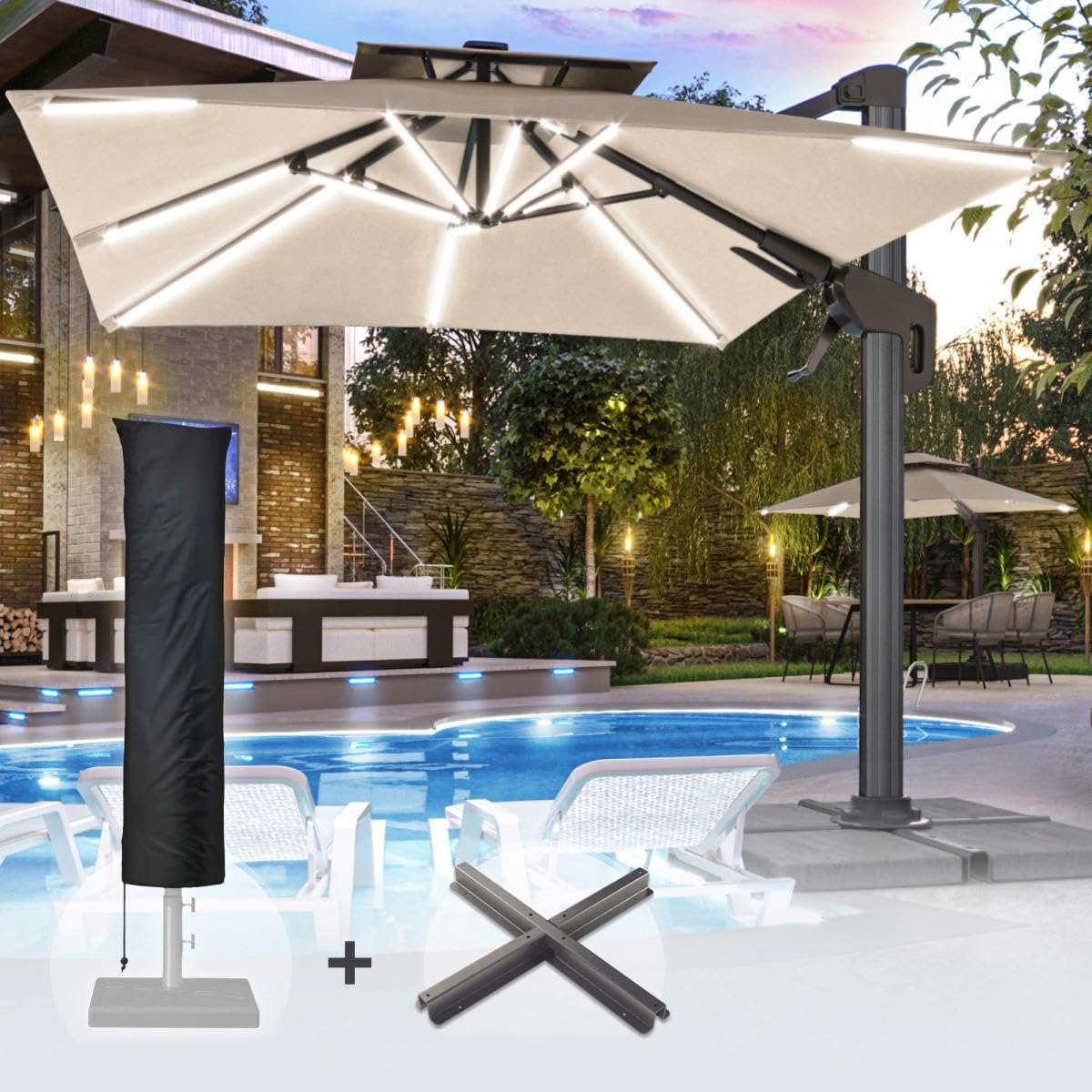 SUN PIETRO | Sonnenschirm | Quadratisch | B:T 300 x 300 cm | Taupe | LED | +Ständer & Hülle | Gartenschirm, Ampelschirm, Balkonschirm