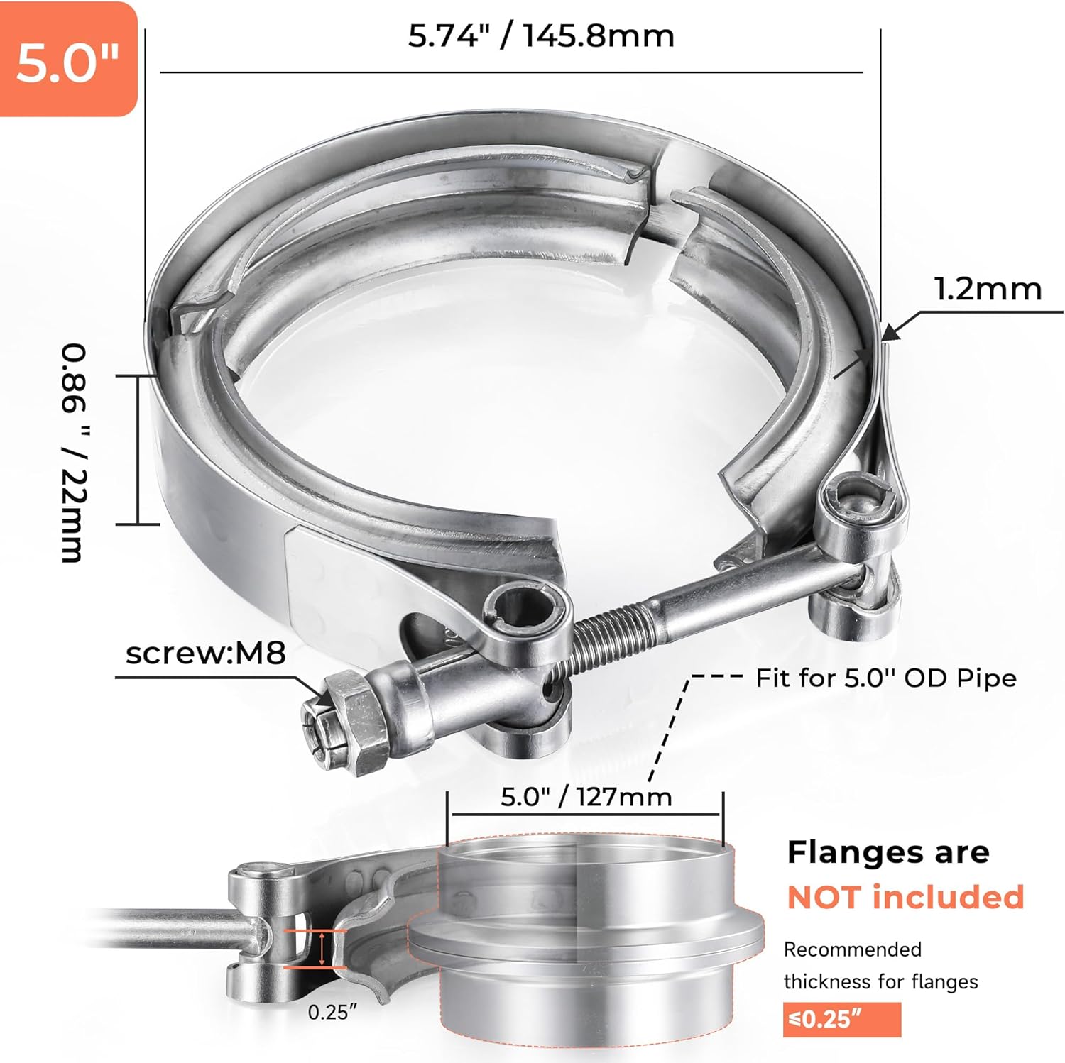 5 Inch V Band Clamp 304 Stainless Steel, for Turbo Exhaust Downpipe, Racing Ford Pickup Truck Exchange Exhaust Systems(2 Pack)