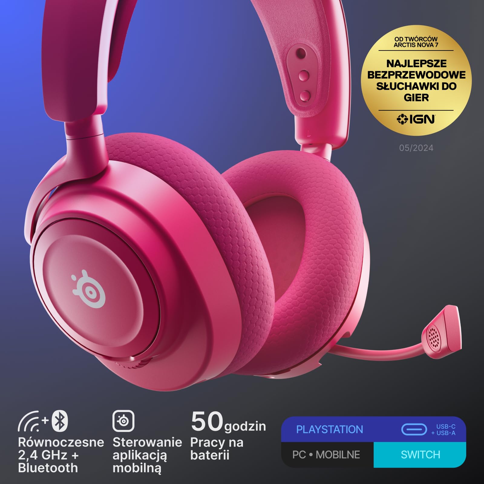 SteelSeries Arctis Nova 7P Wireless Gen 2 do gier -sterowanie aplikacją w czasie rzeczywistym - 50H + -przetworniki magnetyczne z magnesem neodymowym -miks 2,4 GHz/Bluetooth -PS5,PC, Switch 1/2,mobile