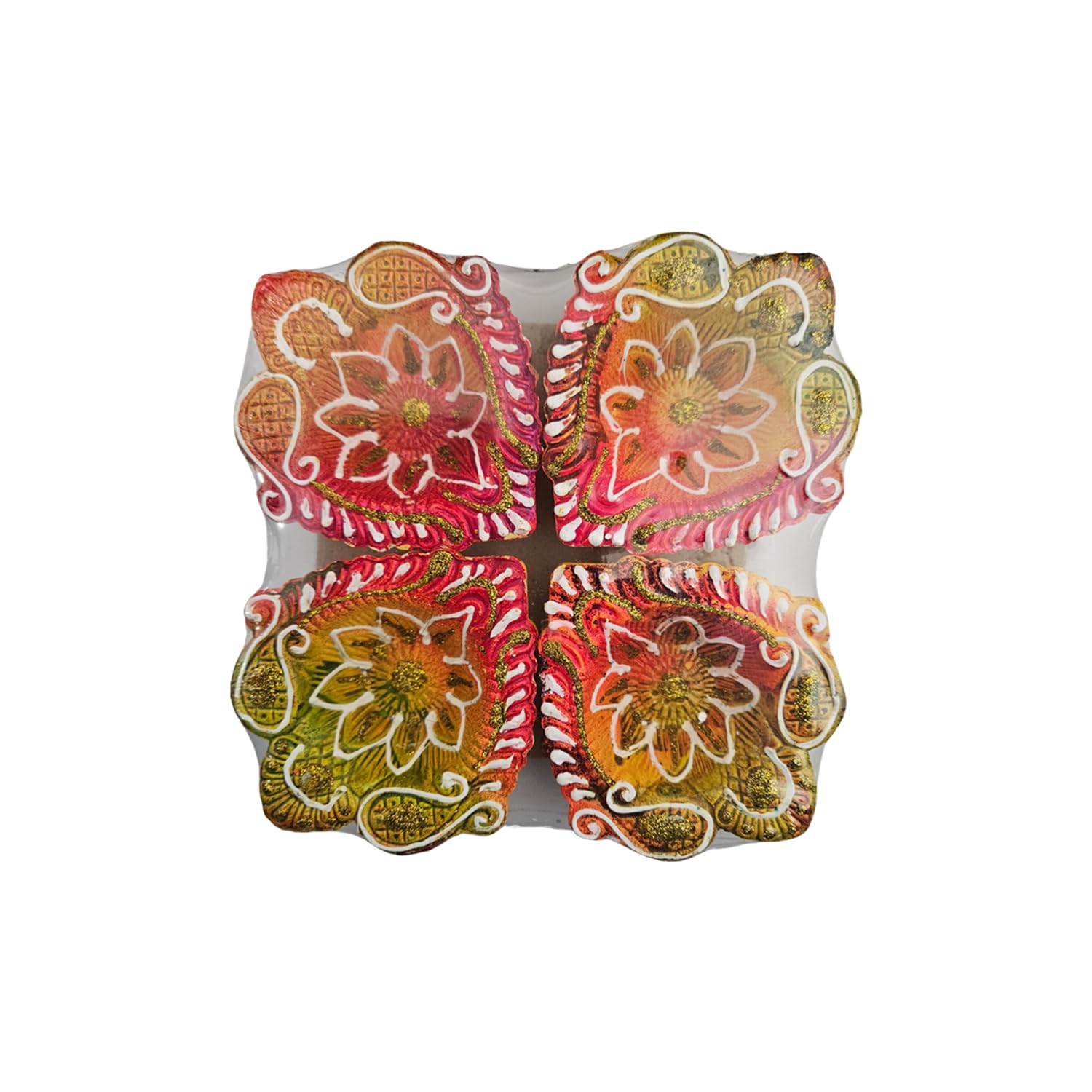 One Stop Dealers Multicolour - Exquisite Decorative Diya For Diwali - Handcrafted Clay Lamp With Intricate Design | Set Of 4 | Cultural Celebrations, Hassle-Free Maintenance (Pack Of 1)
