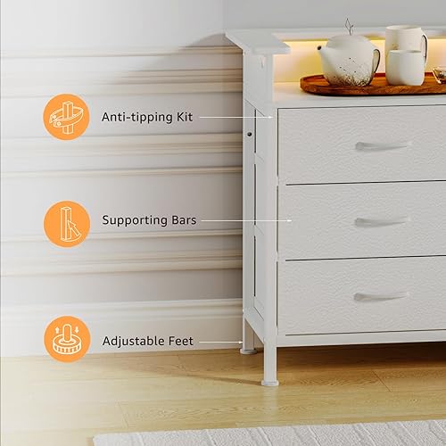 Miniatura 6 de White Dresser for Bedroom with 9 Drawers, Long Dresser TV Stand with LED Lights & Charging Station, Fabric Chests of Drawers for Closet Entryway