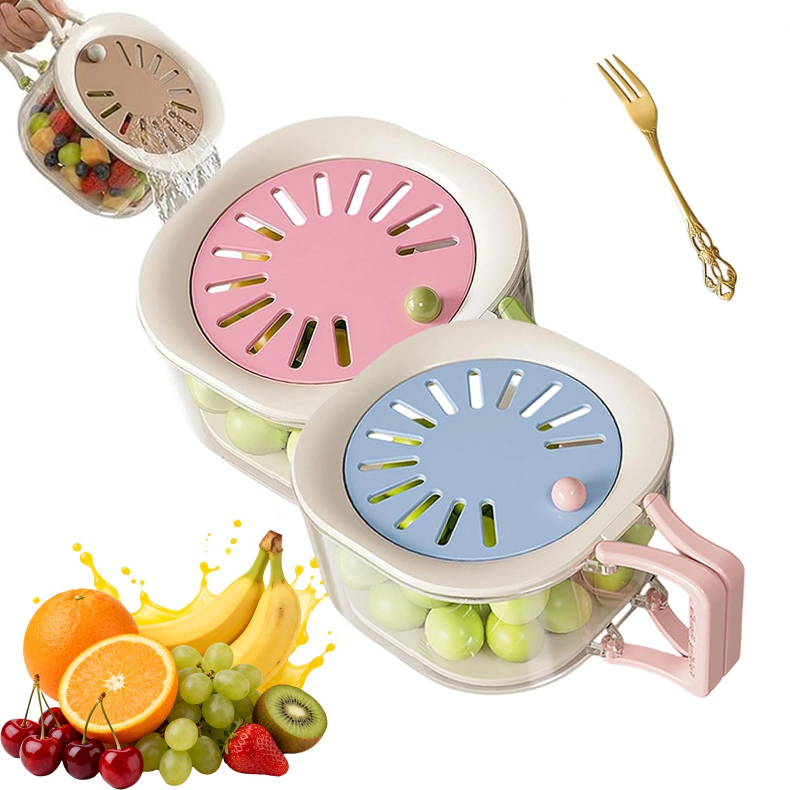 2 in 1 Fruit Strainer Container with Lid, Produce Strainer and Container All in One, Fruit Washing Bowl with Strainer for Food Wash Draining Preservation (Pink+Blue, 1#)