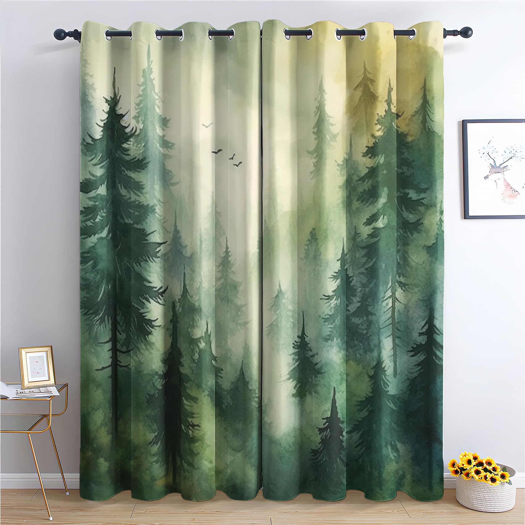 Yzdramesko Misty Forest Curtains for Bedroom, Green Tree Blackout Curtains for Living Room - Nature Landscape Decor Window Curtains 54 Inches Length,