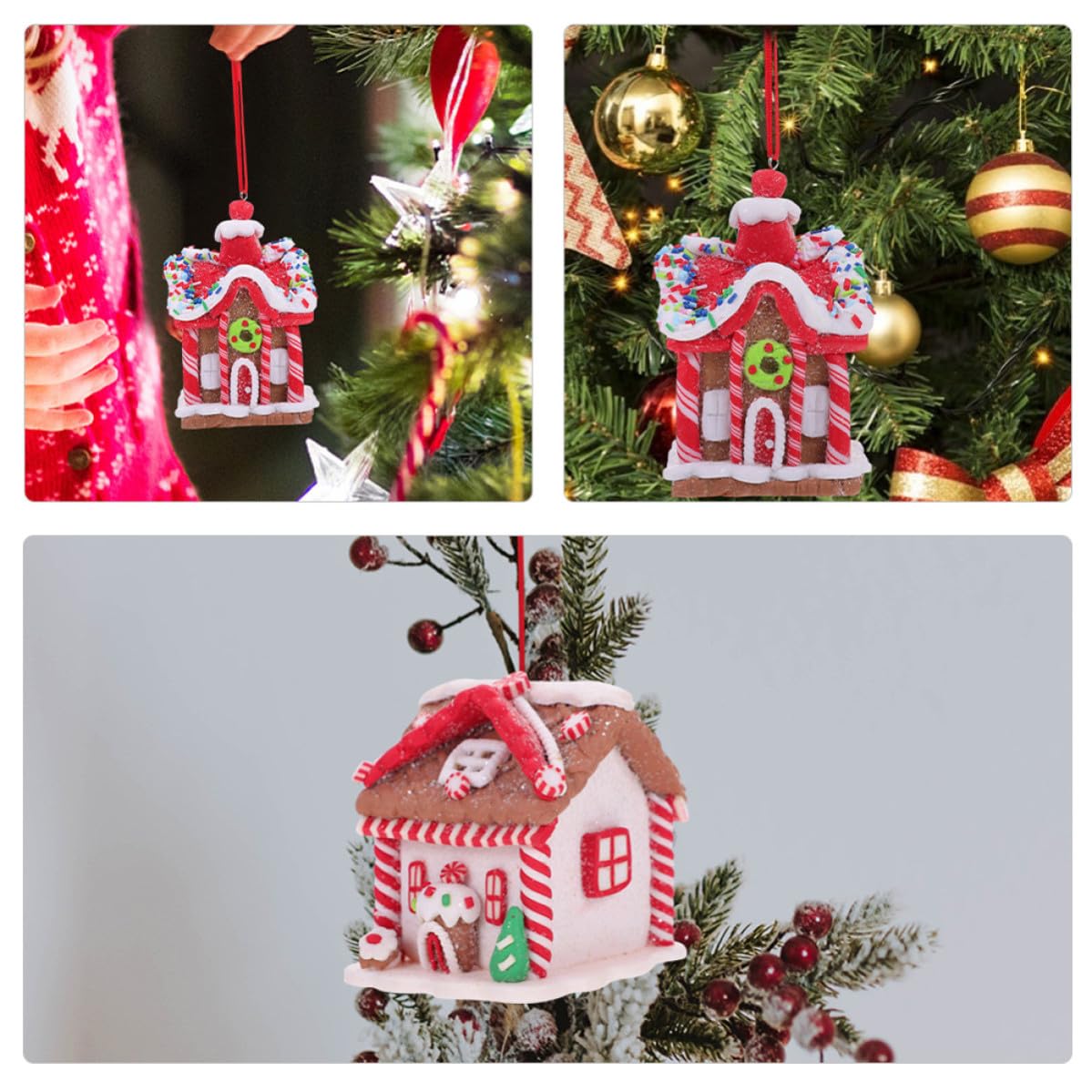 FOMIYES 4 Piezas Adorno Colgante en Forma de Casa de Jengibre para Árbol de Navidad, Decoración Navideña Delicada de Arcilla Polimérica para Fiestas y Hogar