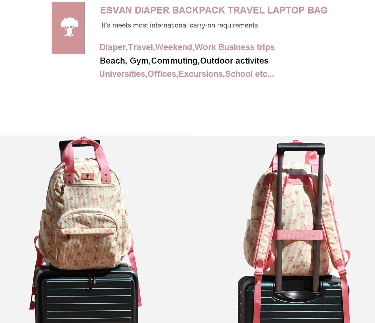 ESVAN Diaper Bag Backpack, Large Capacity Multifunction Baby Essentials Fashion Travel Pack Linen Canvas office Laptop Bag (Corduroy Cute Flower)