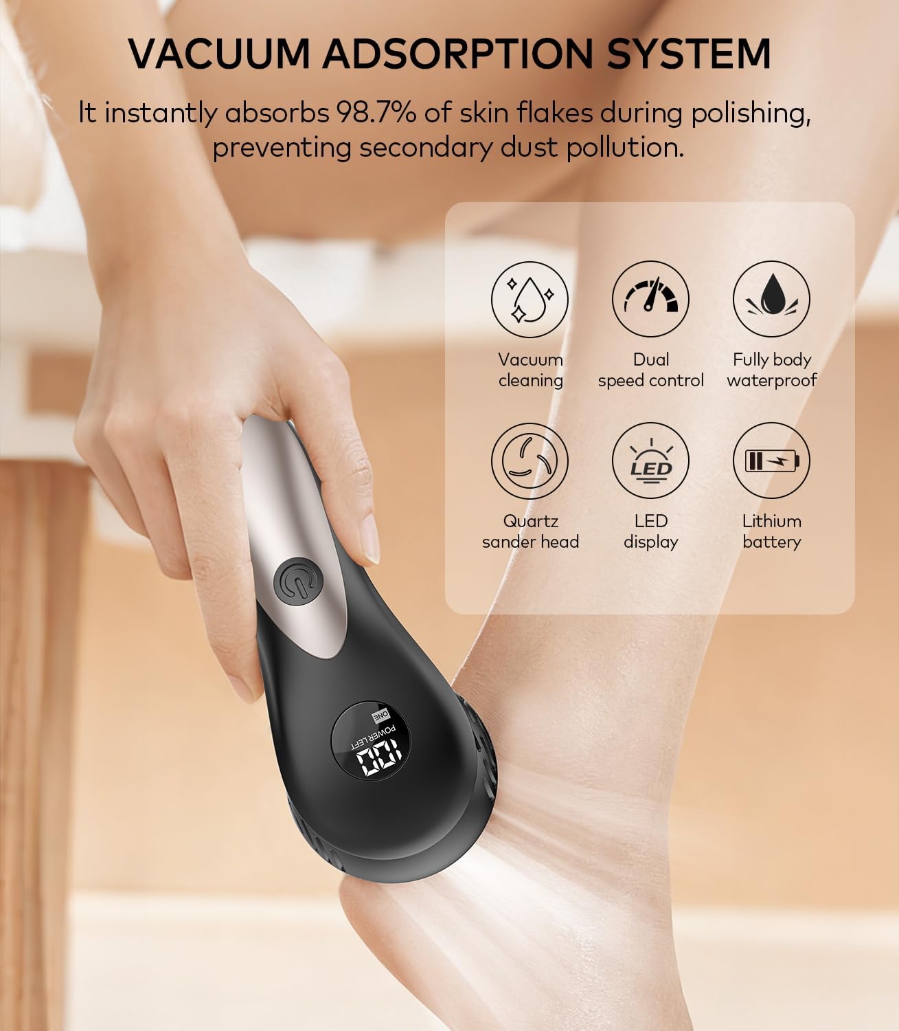 Foot Callus Remover Electric with Vacuum, LCD Display Waterproof Pedicure Device, Rechargeable Foot File for Cracked Heels with 3 Heads