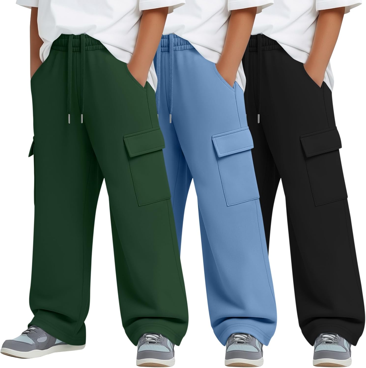 3 Pack Boys' Cargo Sweatpants Wide Leg Baggy Casual Pants Elastic Waist Open Bottom Workout Joggers with Pockets