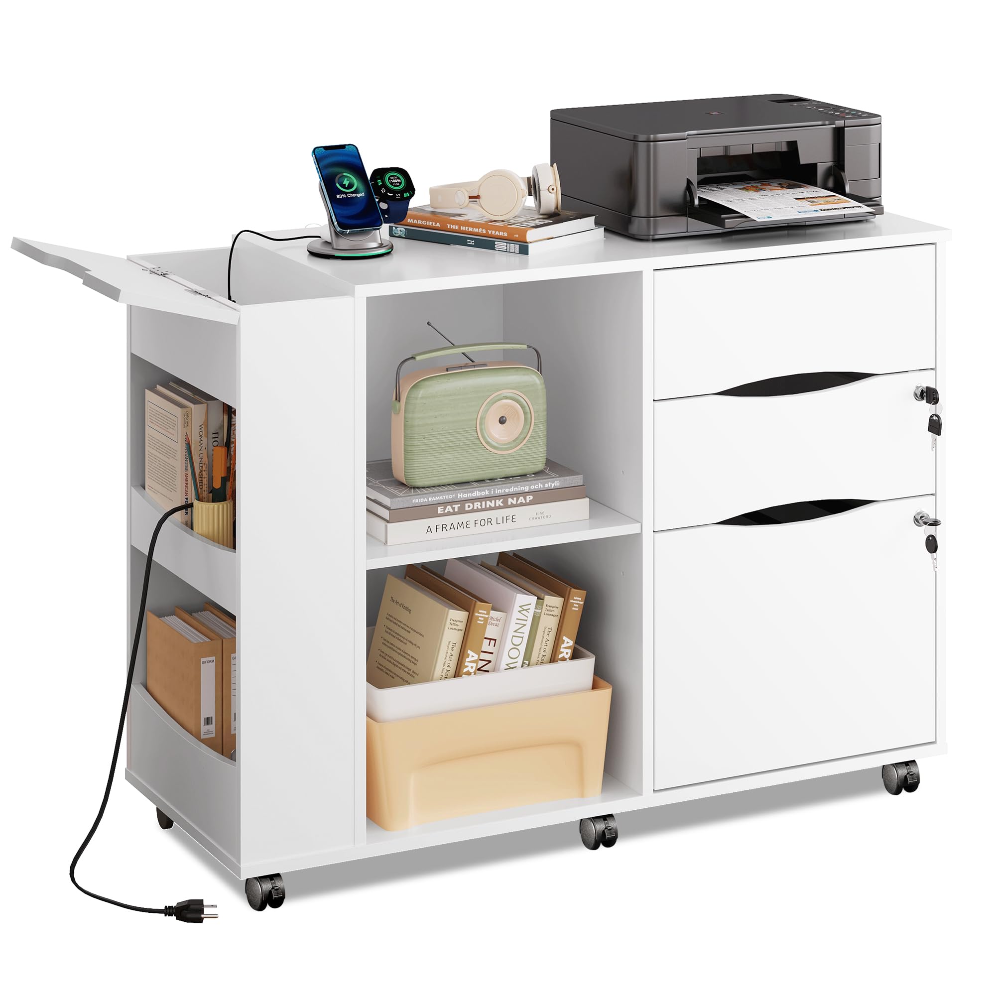 Photo 1 of ***SIMILAR, VIEW IMAGES*** DEVAISE File Cabinet with Lock, 3 Drawer Rolling Mobile Lateral Filing Cabinets with Charging Station Printer Stand with Open Storage Shelves Fits A4 or Letter Size for Home Office White
